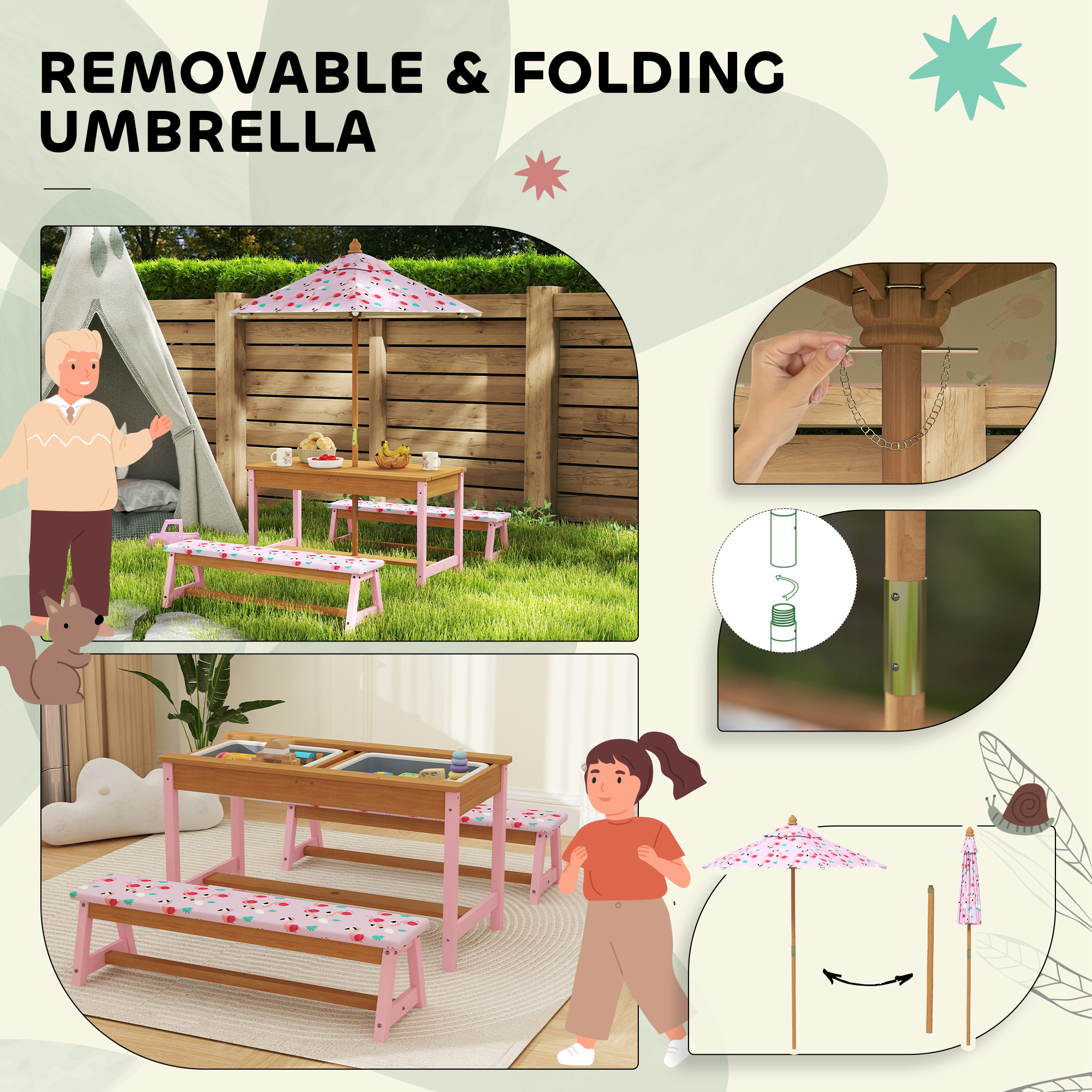 Kids Picnic Table Set With Removable & Foldable Umbrella,Storage Boxes,Flamingo — image 2