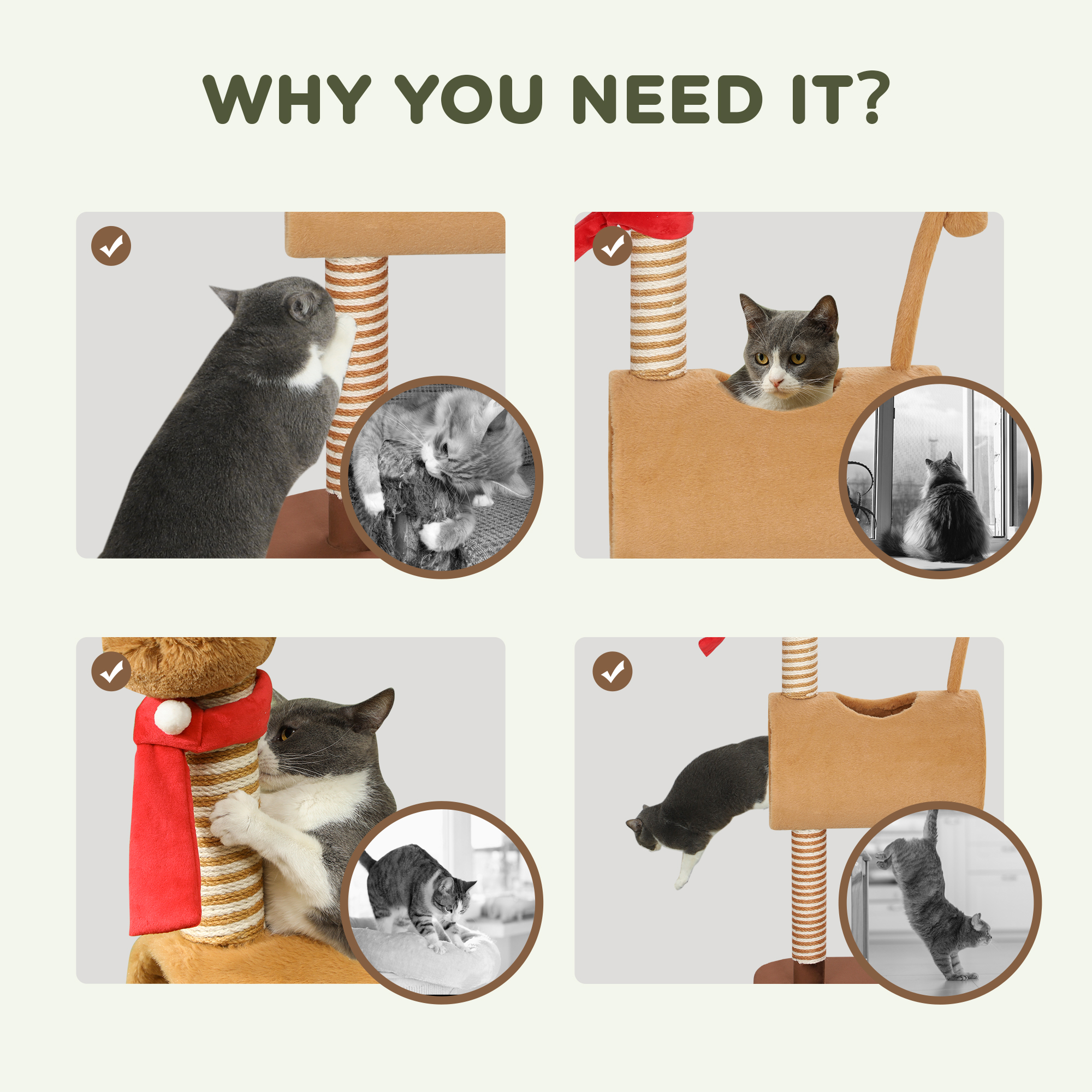 98cm Deer-Designed Cat Tree With Scratching Posts,Toy Ball,Tunnel,Brown — image 2