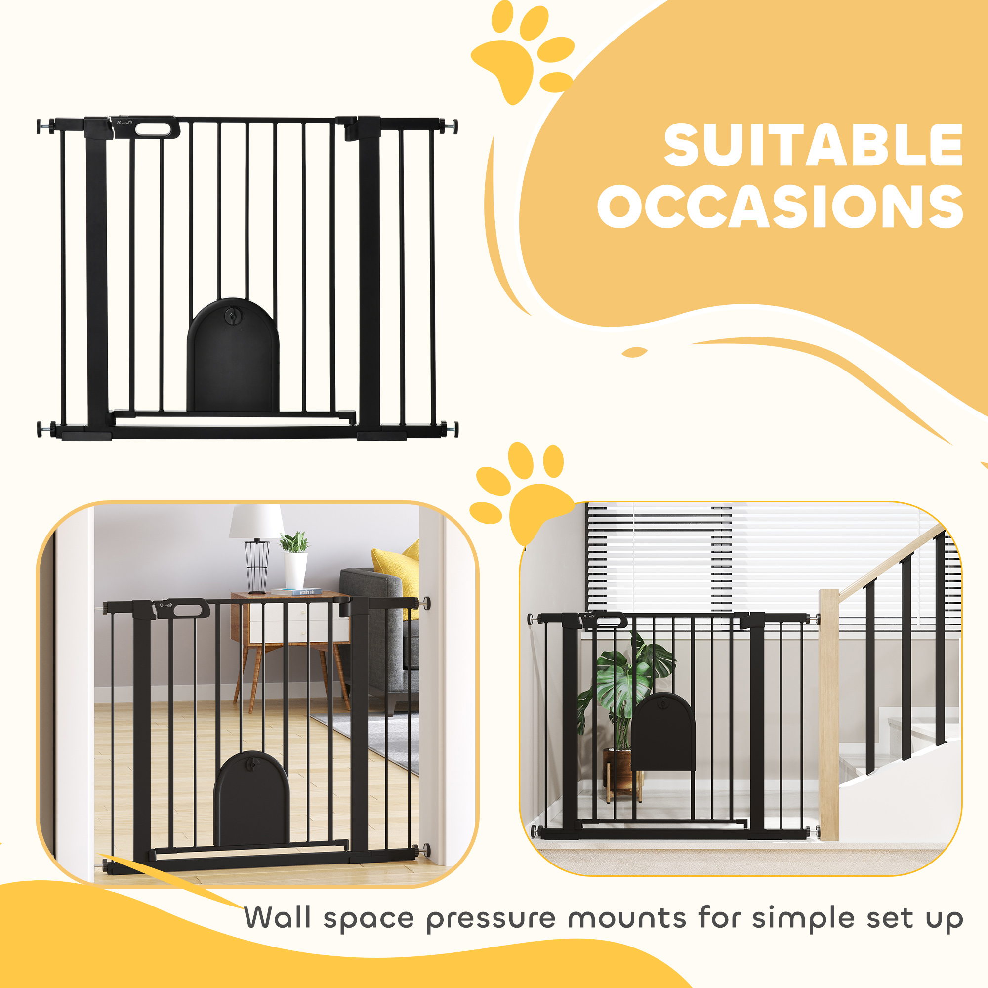 Dog Gate With Cat Flap Pet Safety Barrier,Stair Pressure Fit,Auto Close,Double