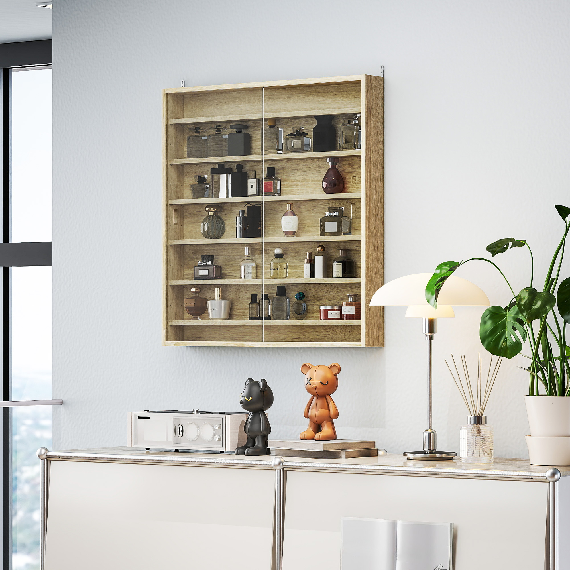 Six Shelf Display Cabinet,with Glass Doors-Oak