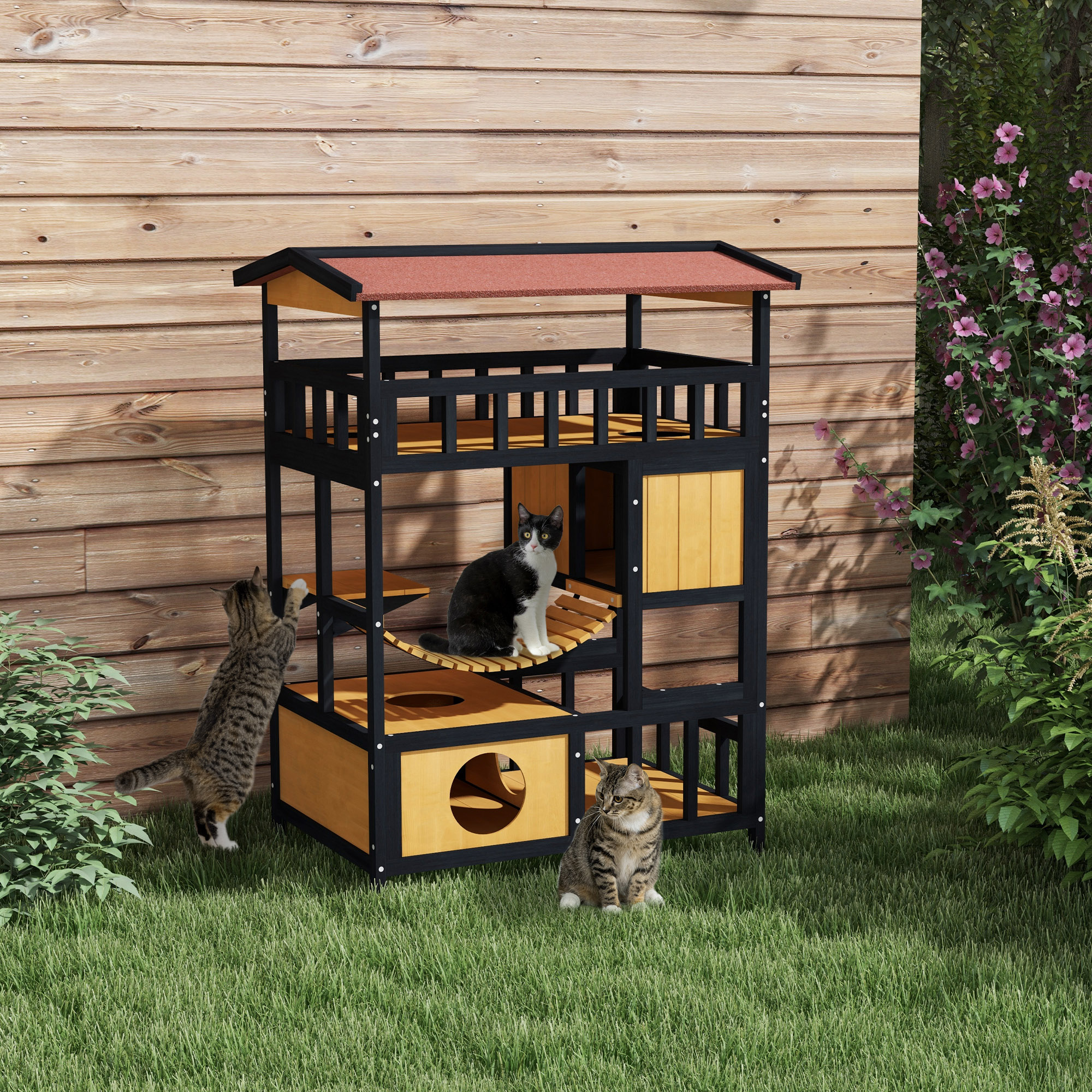 Outdoor Cat Shelter,Four-Tier Wooden Feral House,with Suspension Bridge,Cat — image 5
