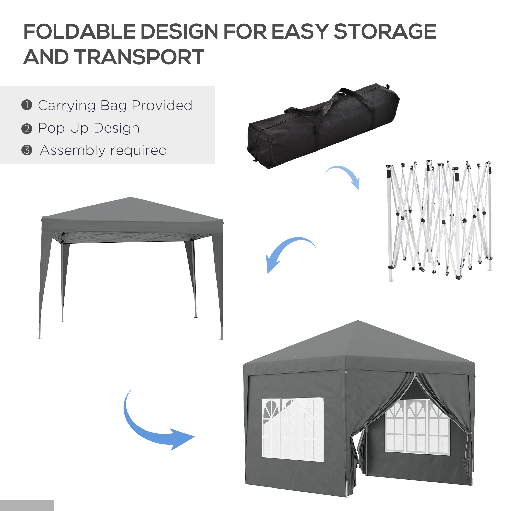 3x3(m) Pop-Up Gazebo,with Curtain Walls And Windows,Grey — image 5