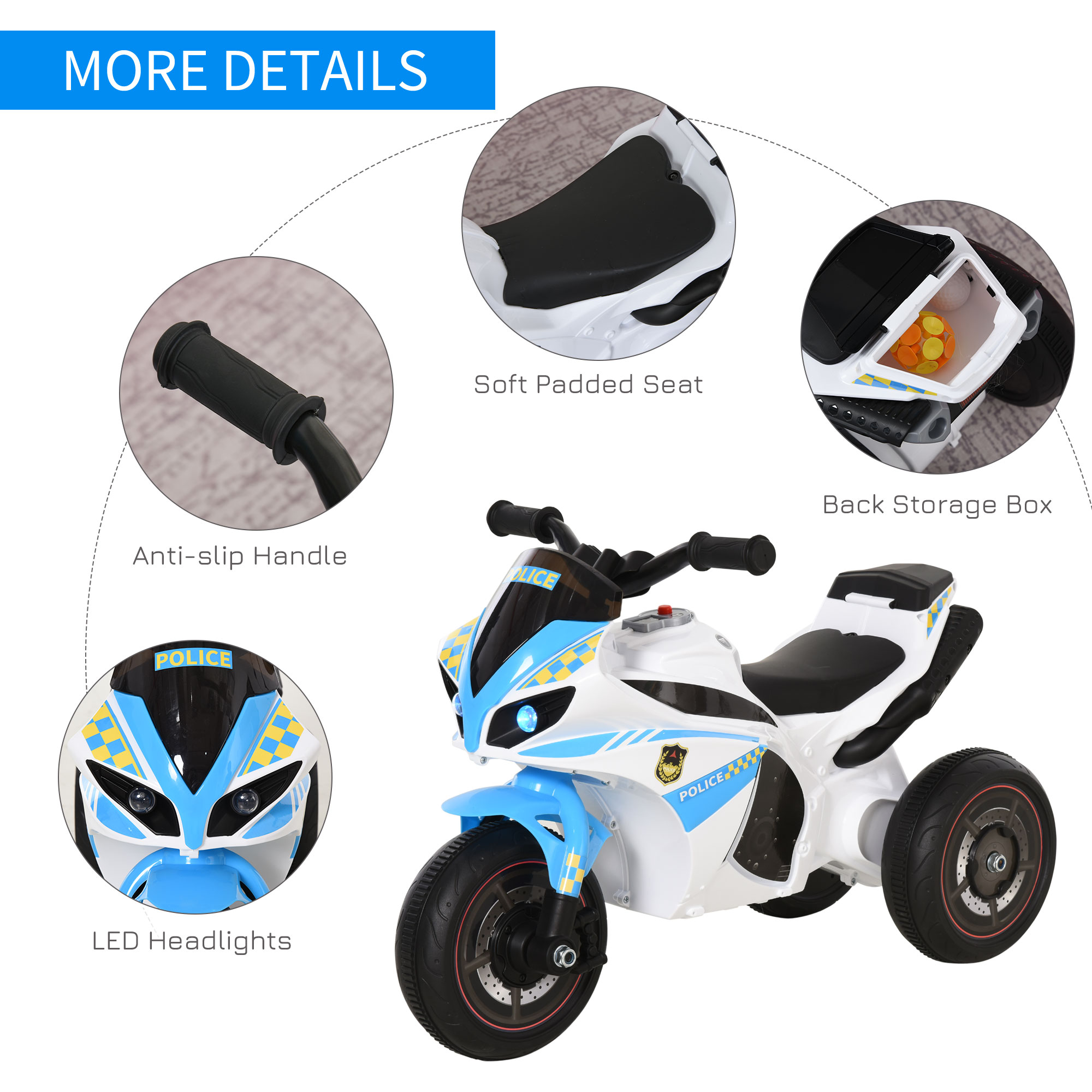 Kids Ride-On Police Bike 3-Wheel Vehicle W/ Music Lights Safe Seat Handlebars — image 4