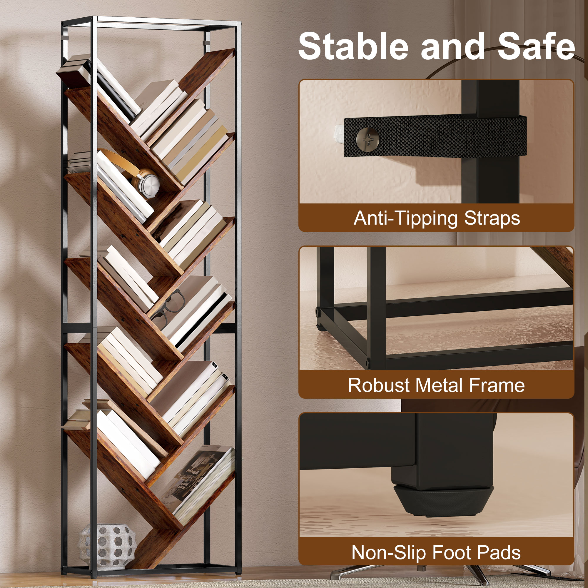 10 Shelf Industrial-Style Bookshelf-Black/Brown — image 3