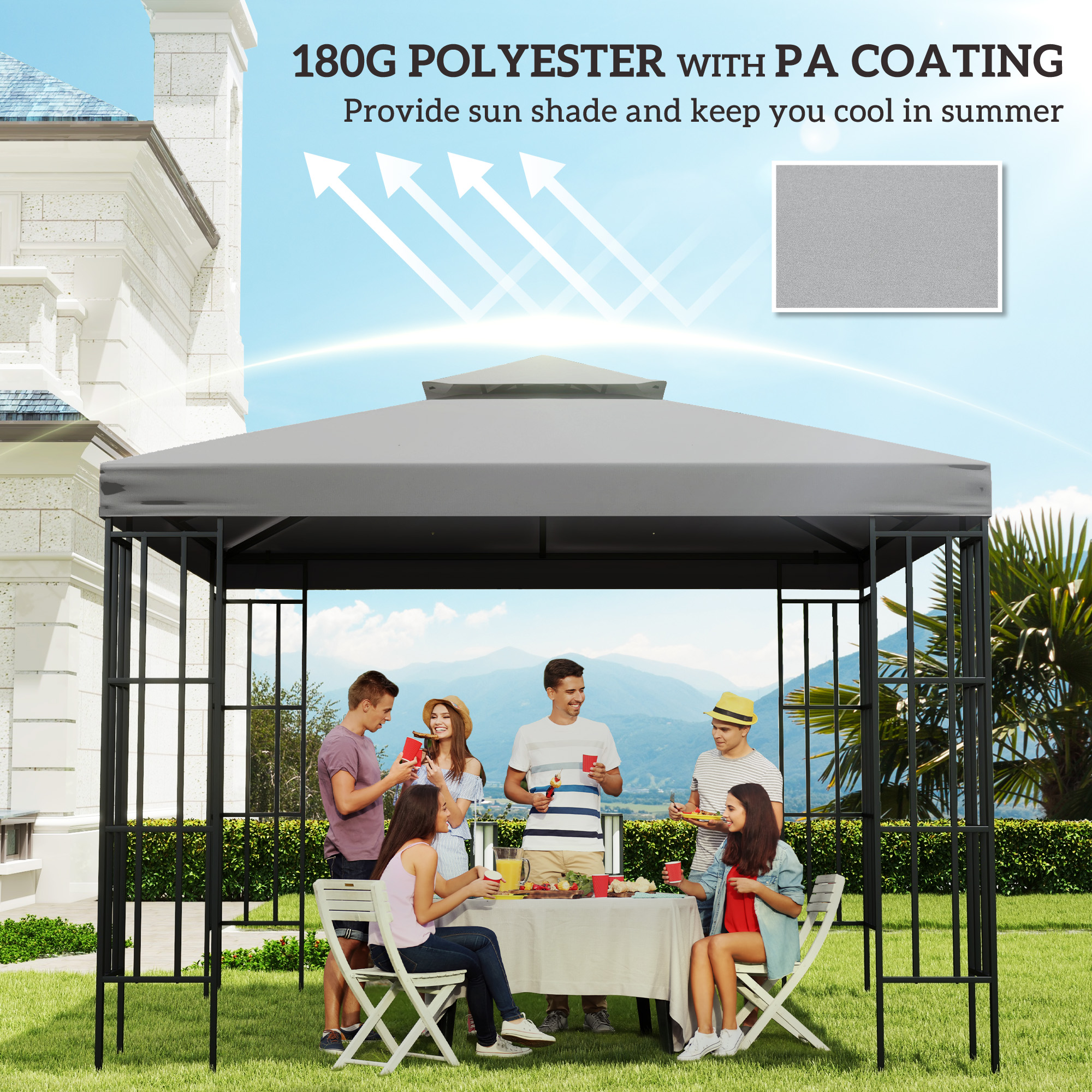 3(m) Gazebo Top Cover Double Tier Canopy Replacement Pavilion Roof Light Grey — image 2