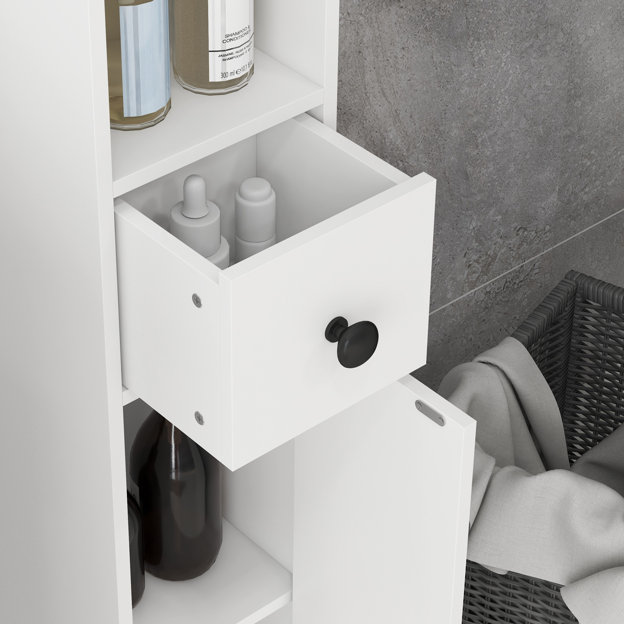 180cm Slim Bathroom Cabinet,with Drawer,Shelves And Cupboards-White — image 3