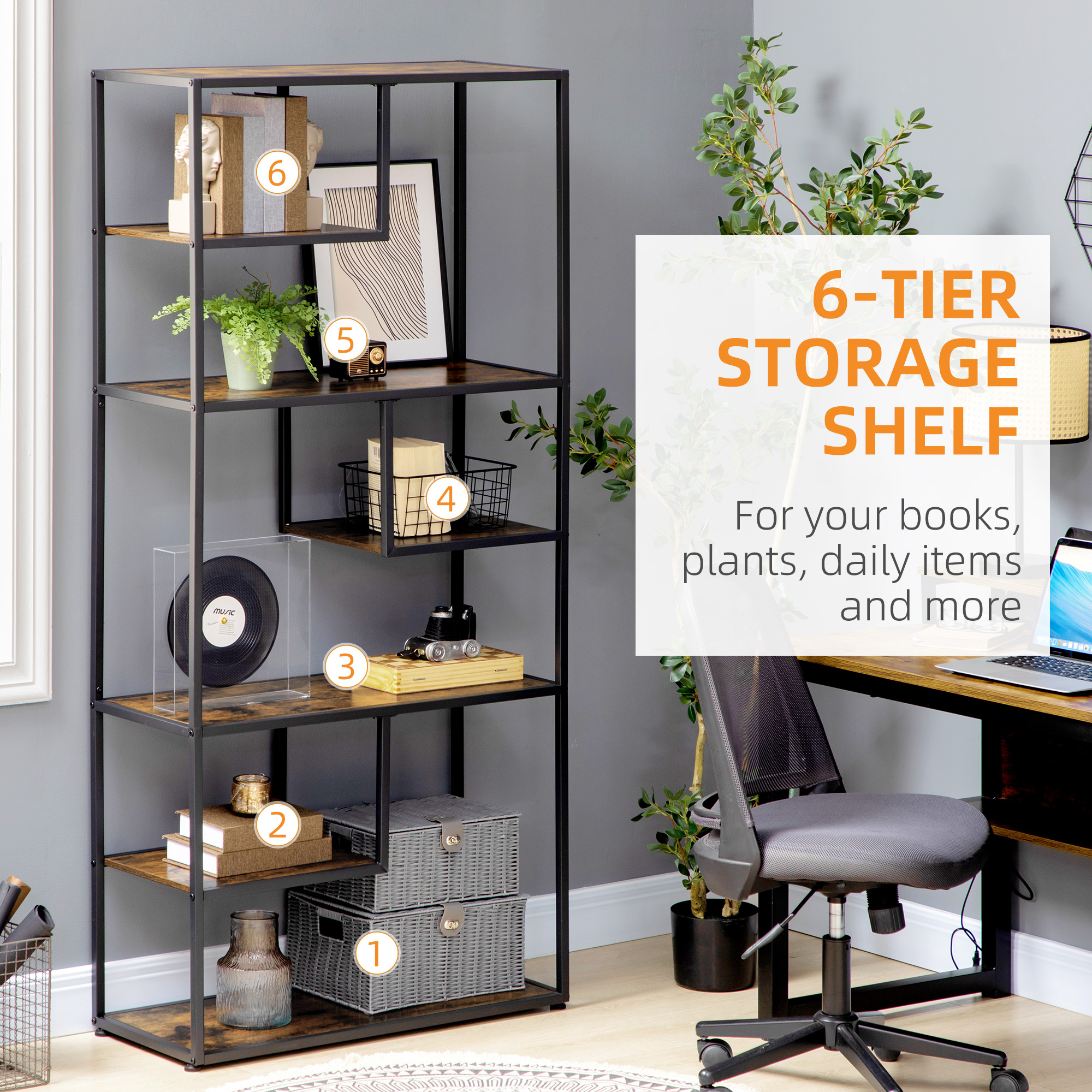 Industrial Bookcase Shelf,6 Tier Metal Shelving,Storage Shelves For Living — image 3