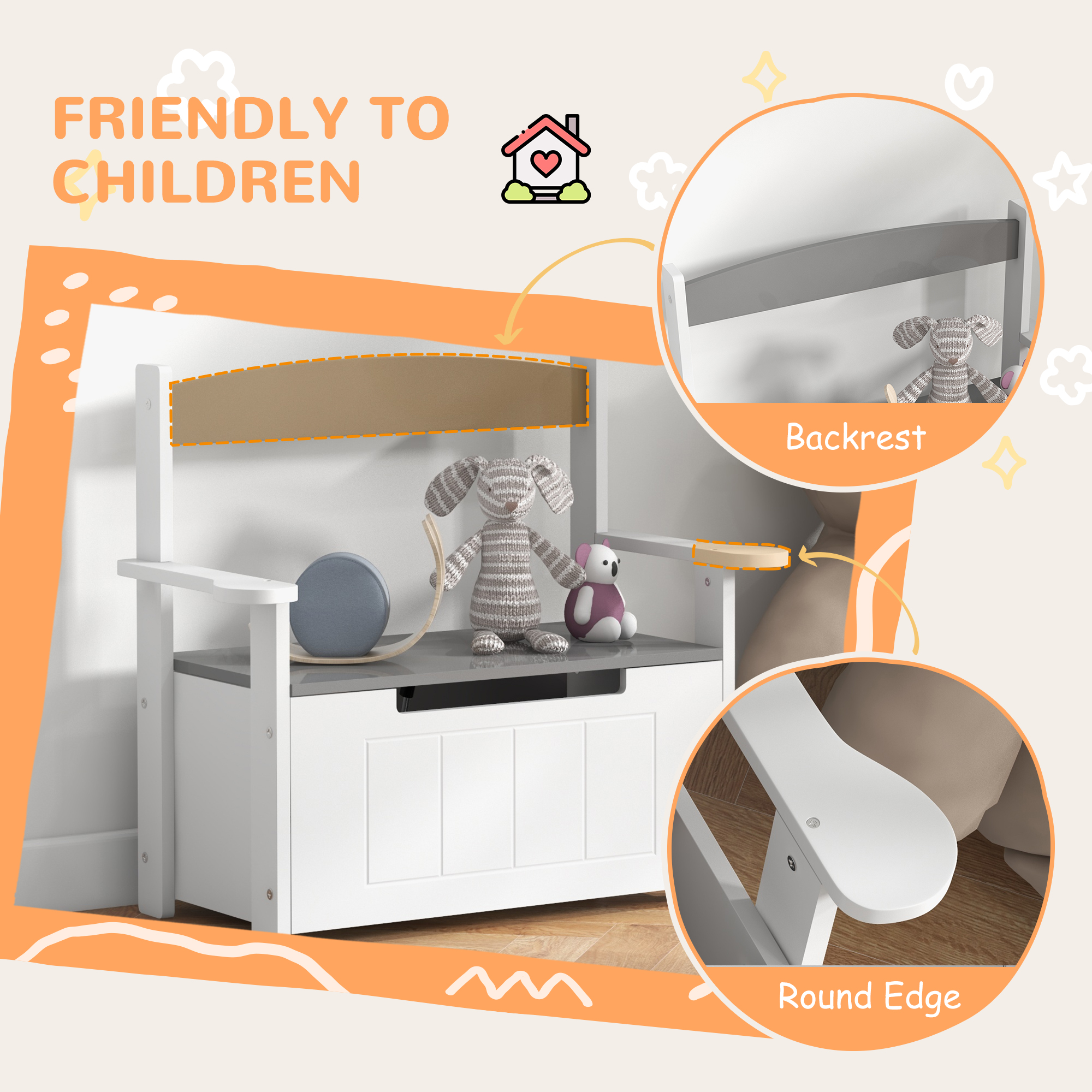 2-in-1 Toy Box For Kids With Lid Bedroom,Nursery,Playroom,Grey — image 3