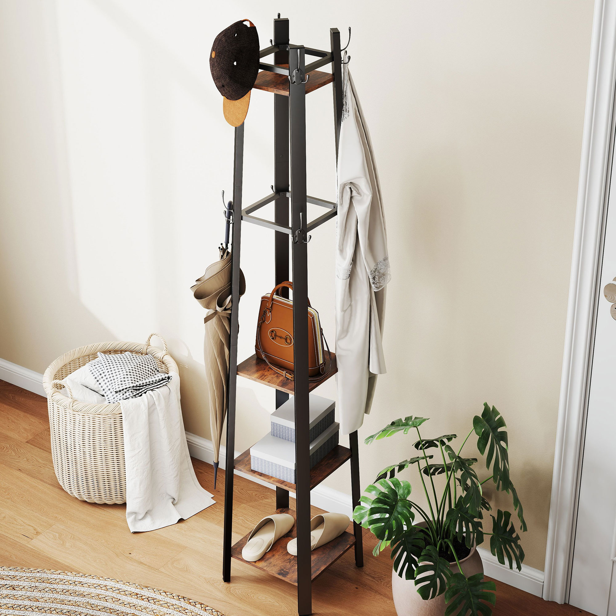 Industrial-Style Four Shelf Coat Stand-Brown/Black — image 4