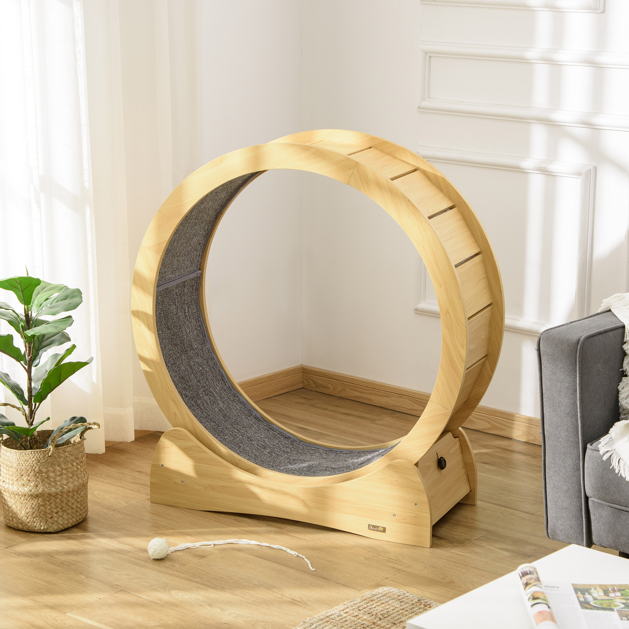 30" Wooden Cat Running Wheel With Brake,Natural Wood Finish
