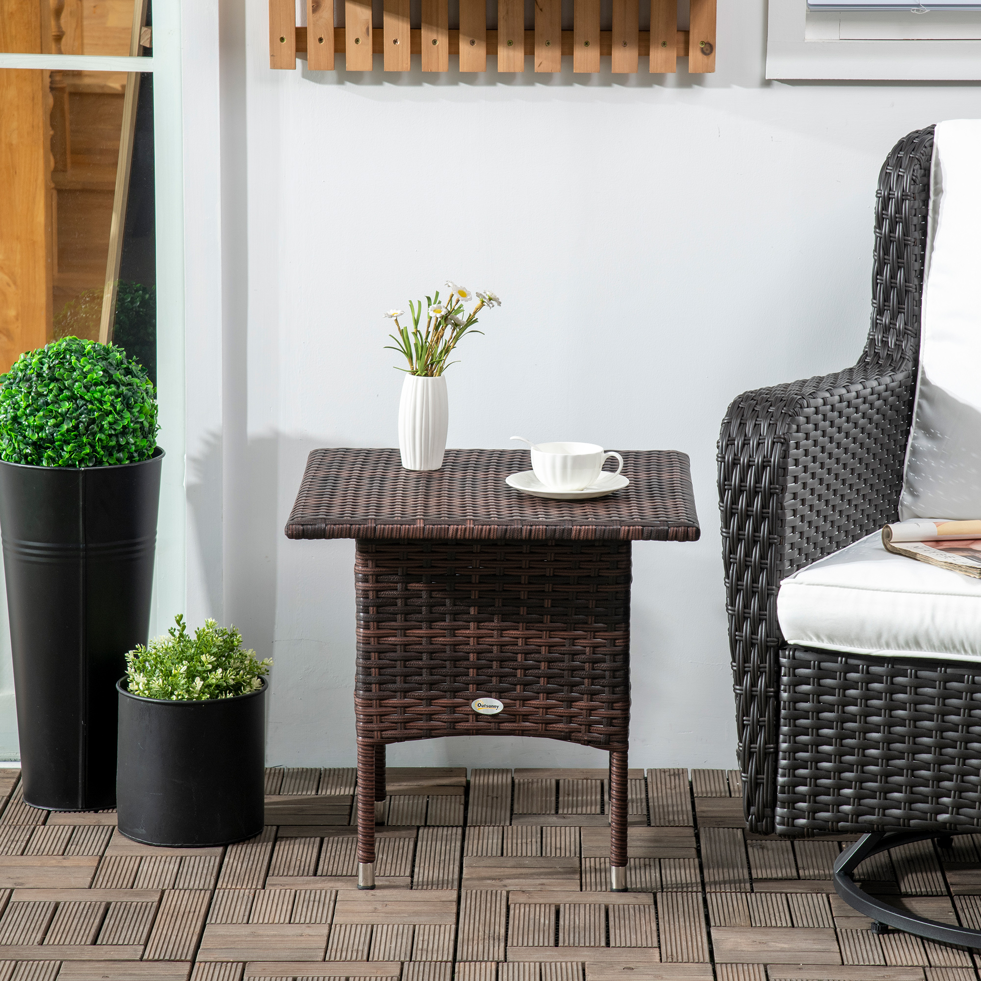 Outdoor Rattan Side Table Coffee With Plastic Board,Full Woven Top