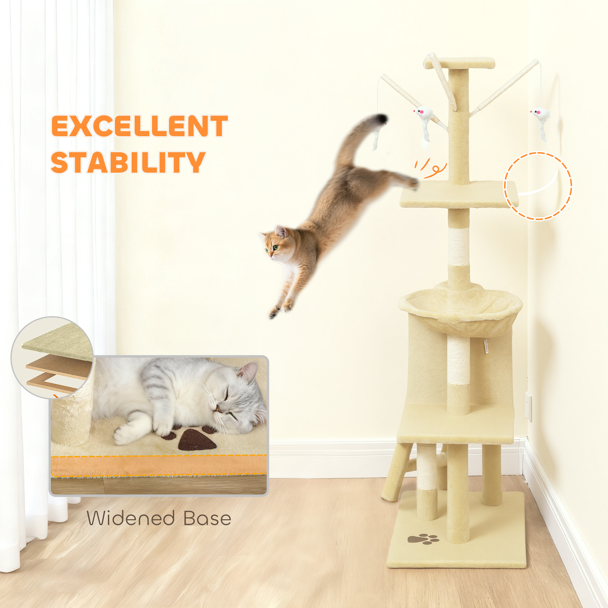 Multi-Level Cat Tower,134cm Tree With Condo And Sisal Scratching Posts