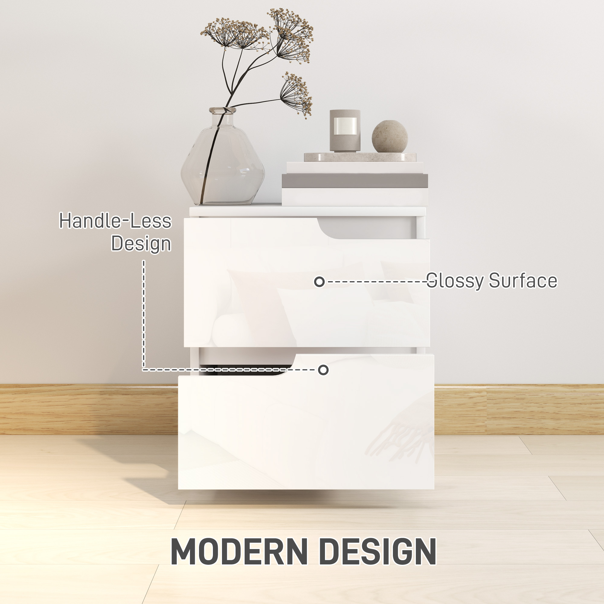 High Gloss Bedside Table-White — image 5