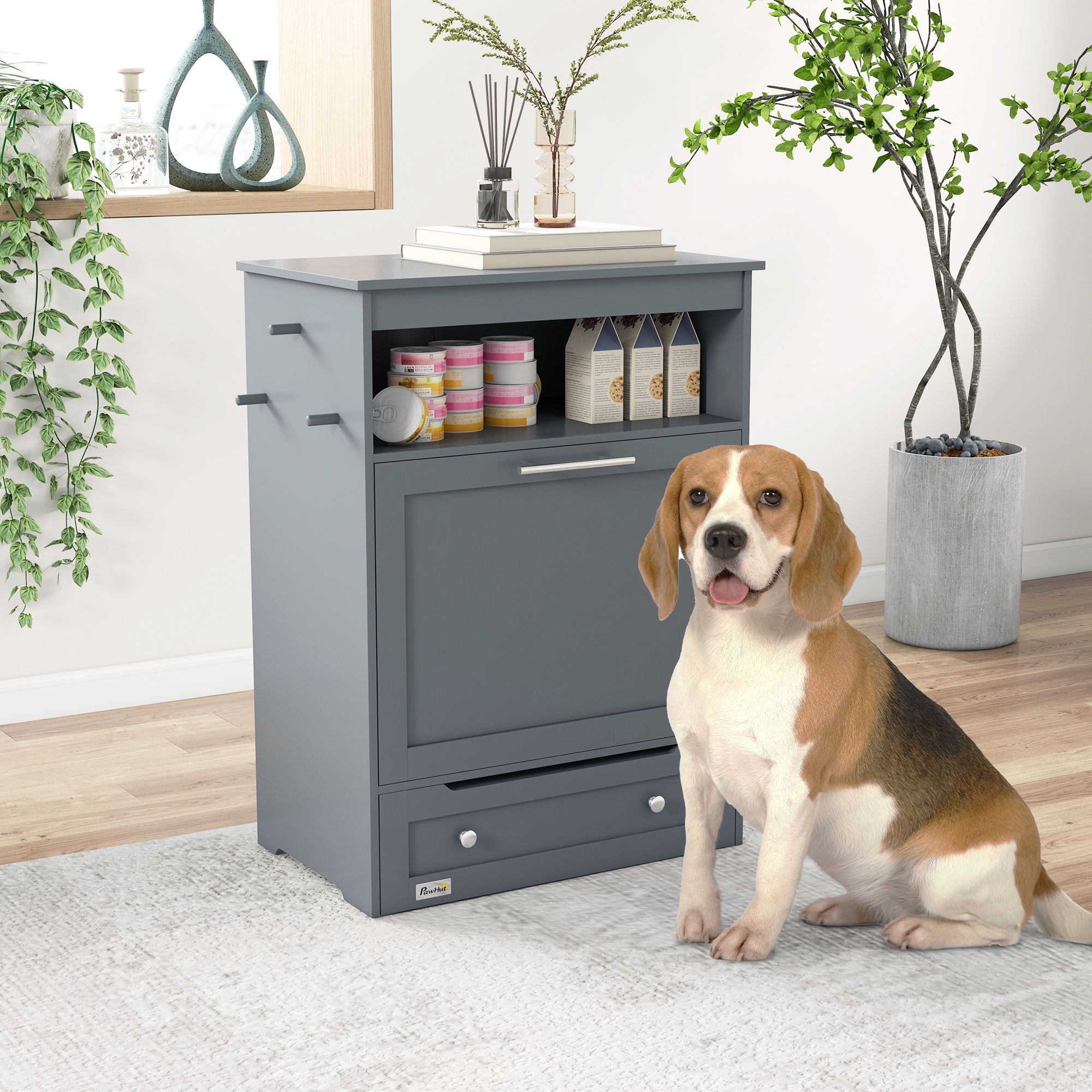 Pet Feeder Station,Dog,Cat Storage Container,with Raised Bowls,Hanger,Cabinet-Grey detail photo 9