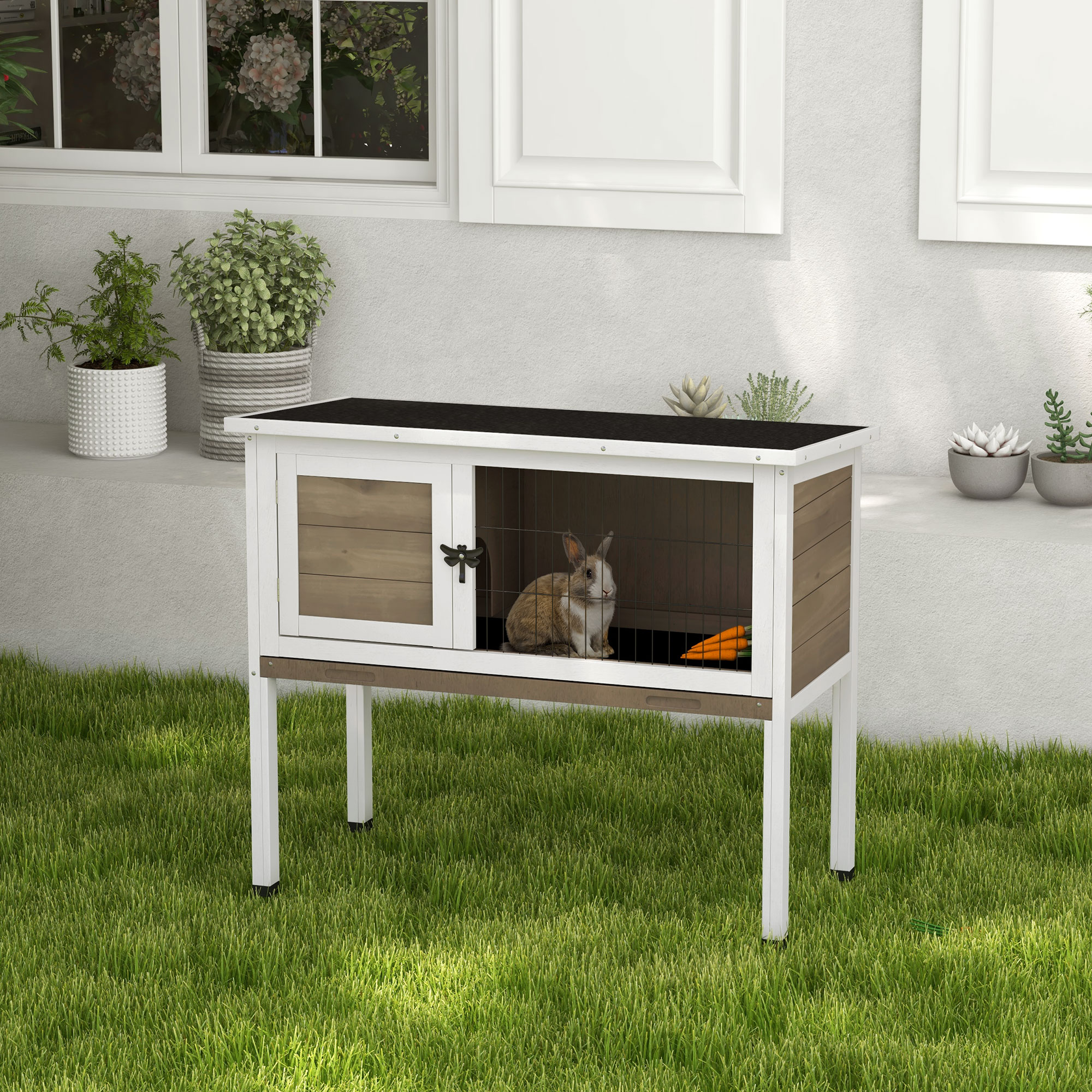 Wooden Guinea Pig Hutch,Small Animal Cage With Slide-out Tray,Openable Asphalt Roof,84 X 43 X 70cm,Brown detail photo 1