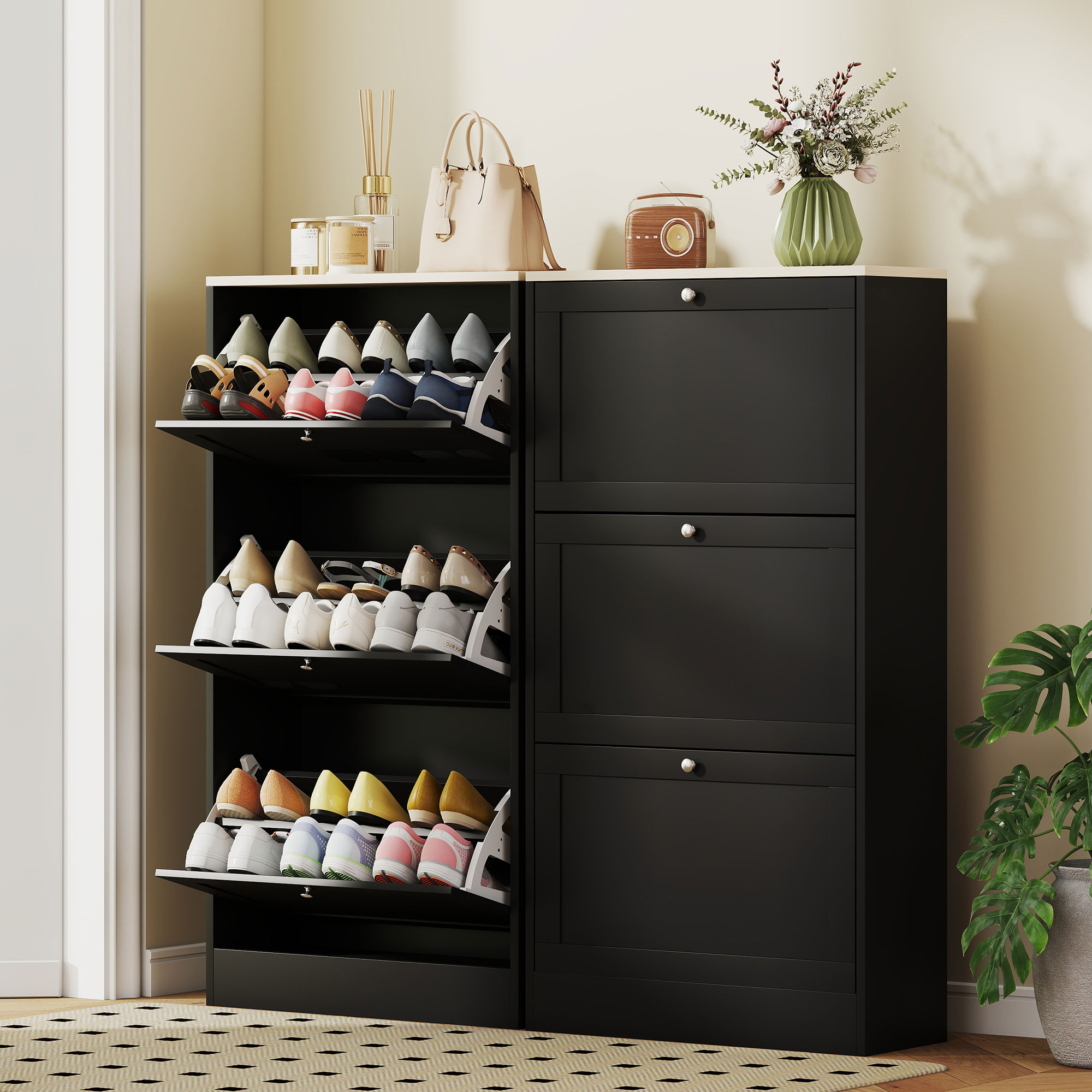 Modern Compact Three-Drawer Shoe Storage Cabinet-Black