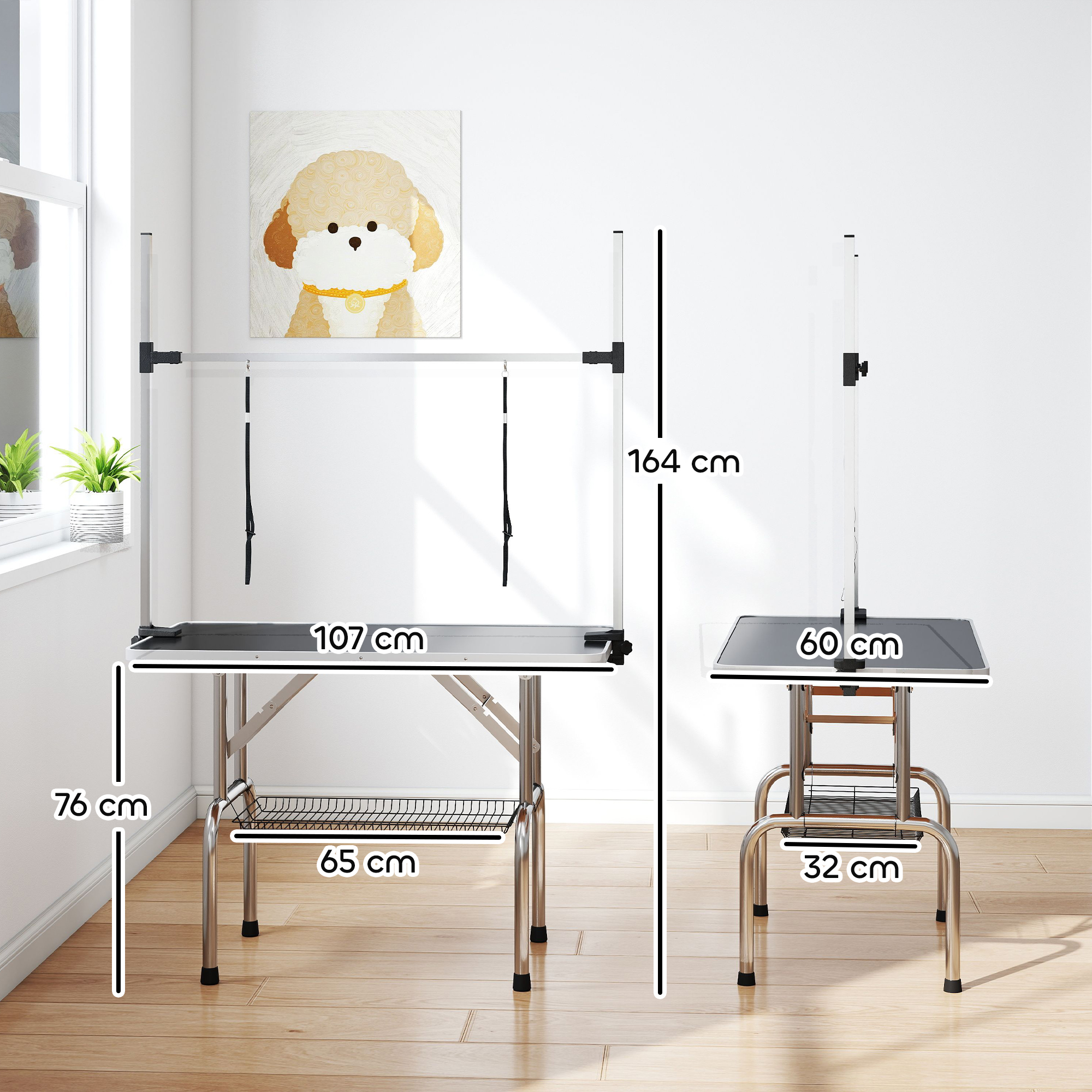 42" Dog Grooming Table,Adjustable Pet Cat Drying Beauty Table With 2 Loops Storage Basket,Rubber Top,Black detail photo 11