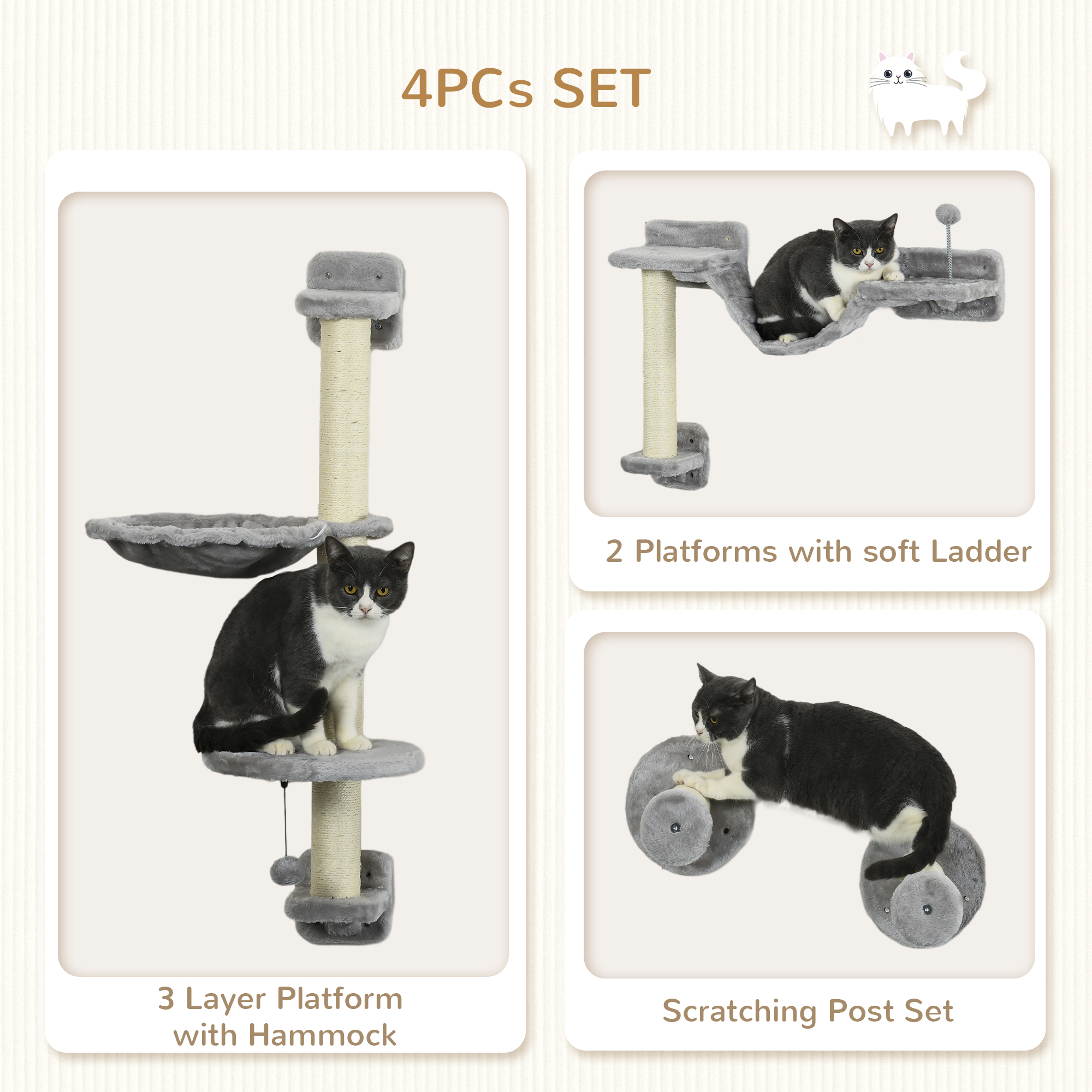 Four-Piece Cat Wall Furniture With Hammock,Perches,Ladder,Scratching Post,Grey — image 5