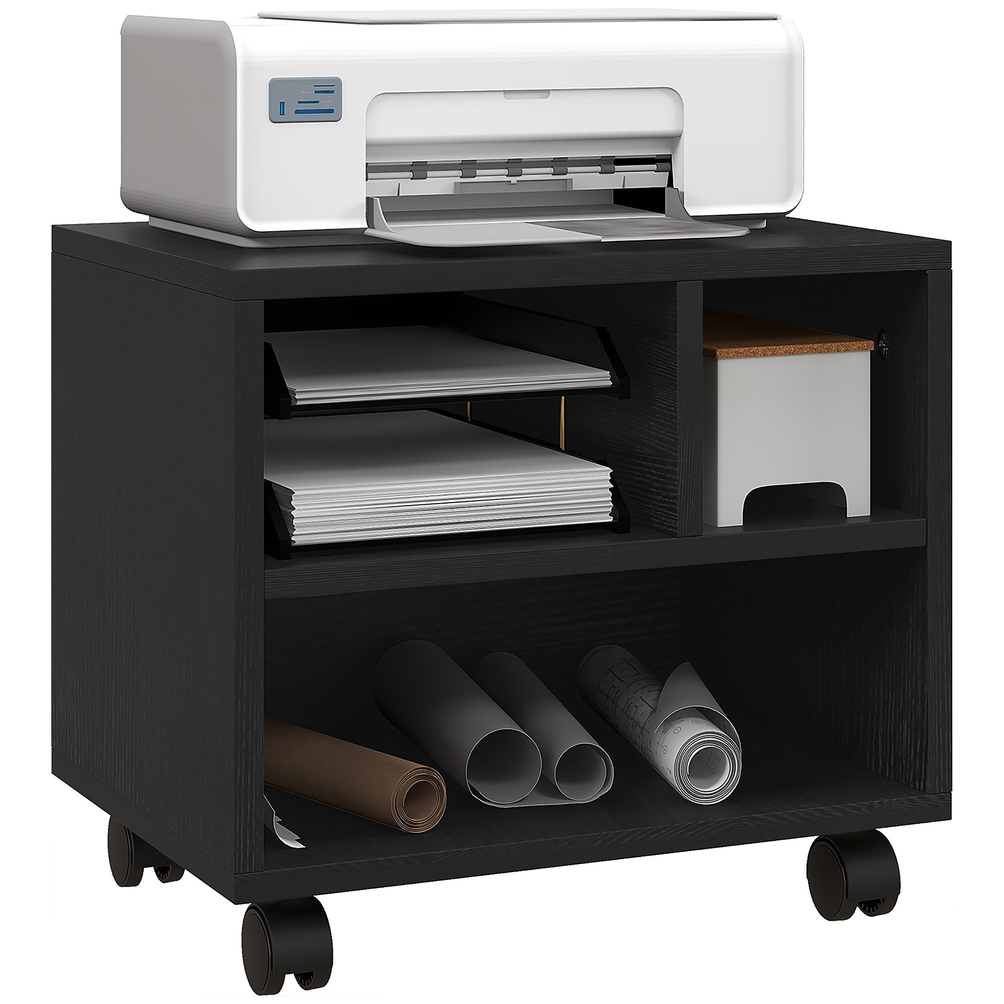 Three-Compartment Printer Cabinet,with Wheels-Black — image 5