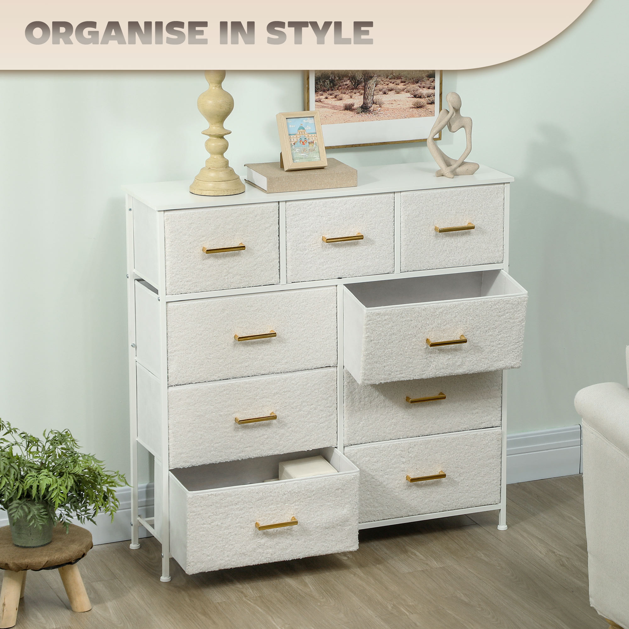 Chest Of Drawers With 9 Fabric Drawers,Boucle Storage Organiser Steel — image 2