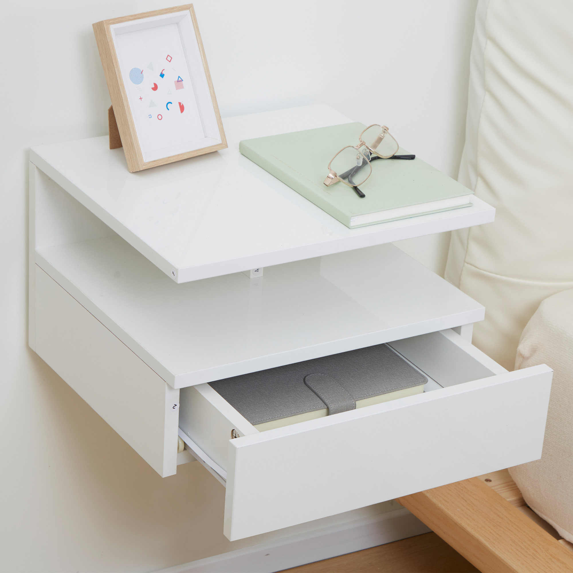 Set Of Two Floating High Gloss Bedside Tables-White — image 2