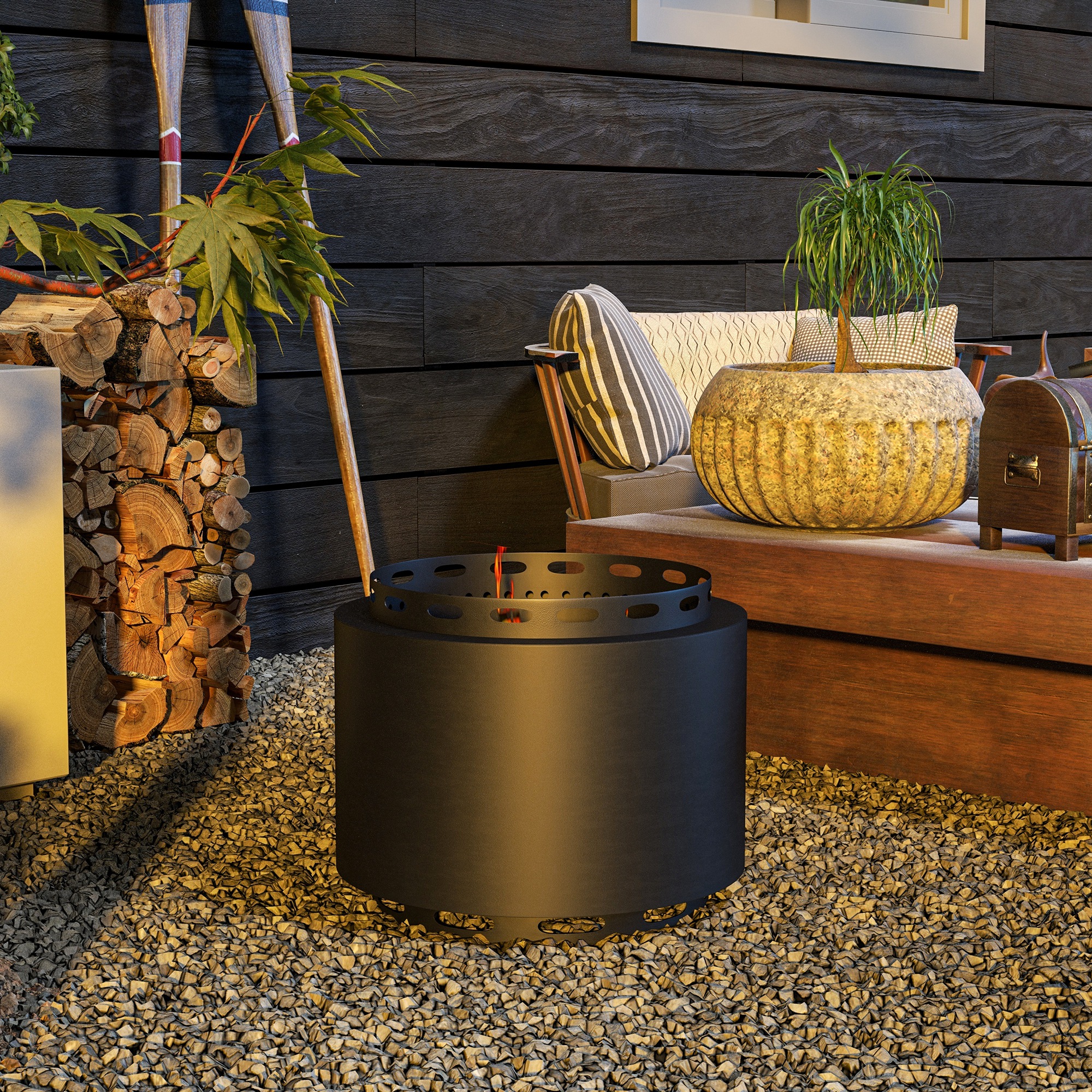 Smokeless Fire Pit,48.5cm Portable Wood Burning Firepit With Poker For Garden