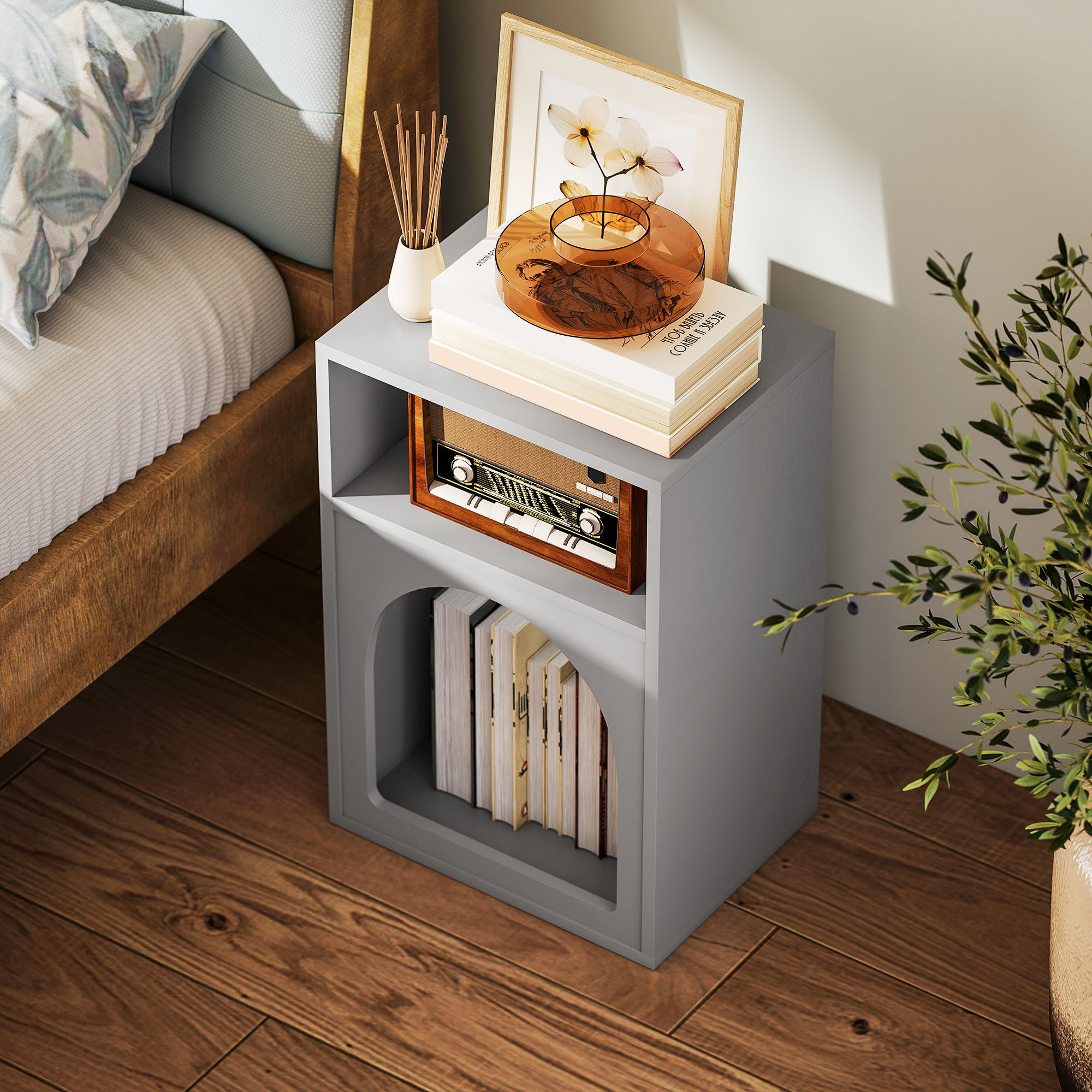 Bedside Table With 2 Open Compartments-Grey — image 4
