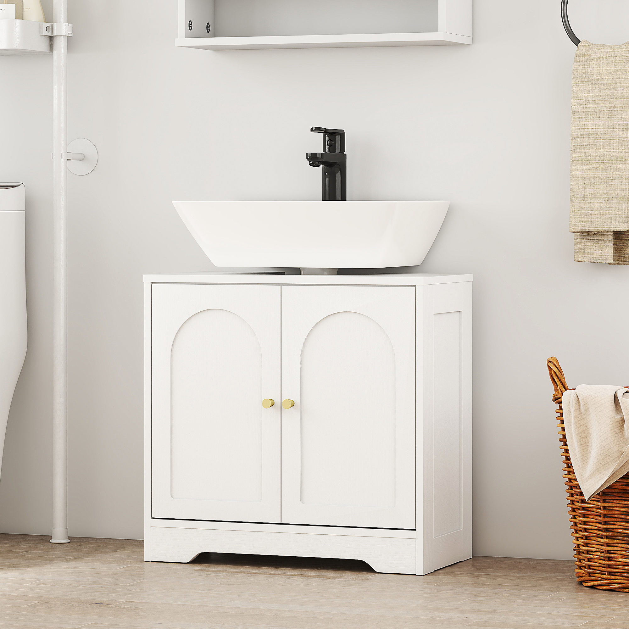 Under Sink Bathroom Cabinet With 2 Arch Doors-White — image 3
