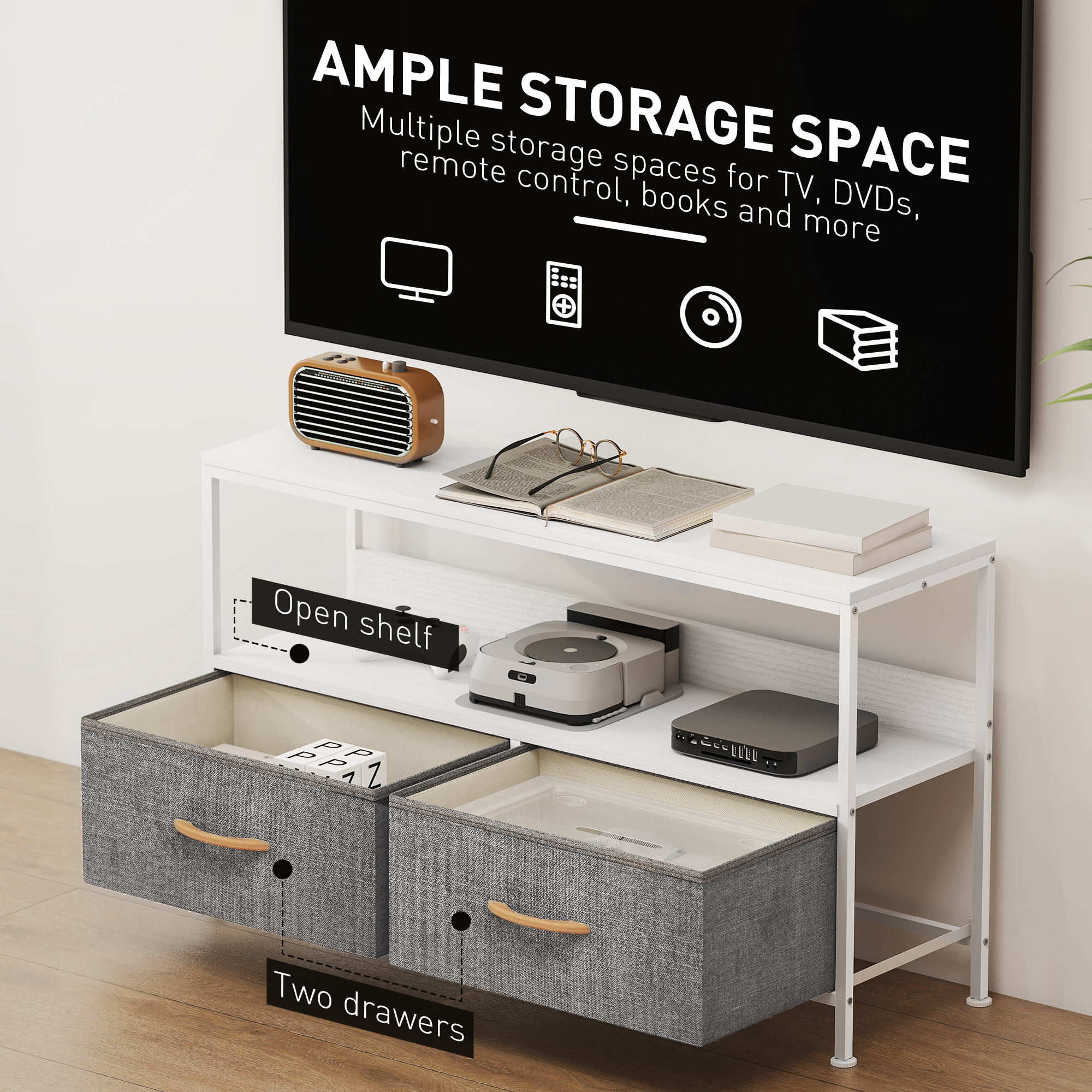 TV Stand Cabinet With 2 Foldable Drawers-White — image 5