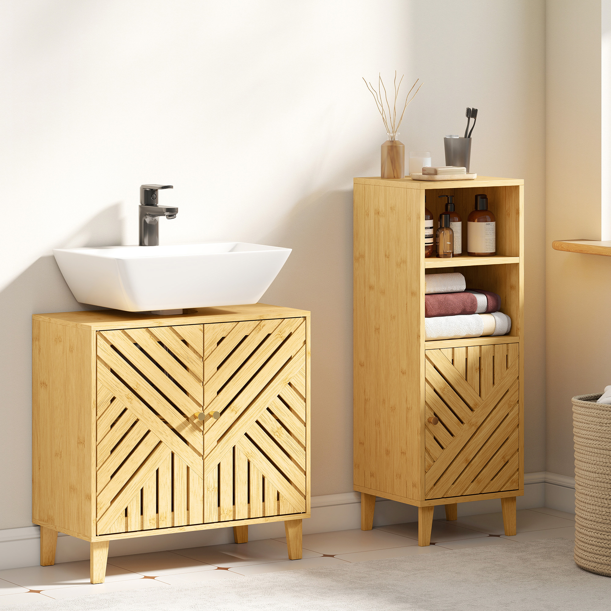 Bamboo Bathroom Under Sink Cabinet With Adjustable Shelf For Basin Without
