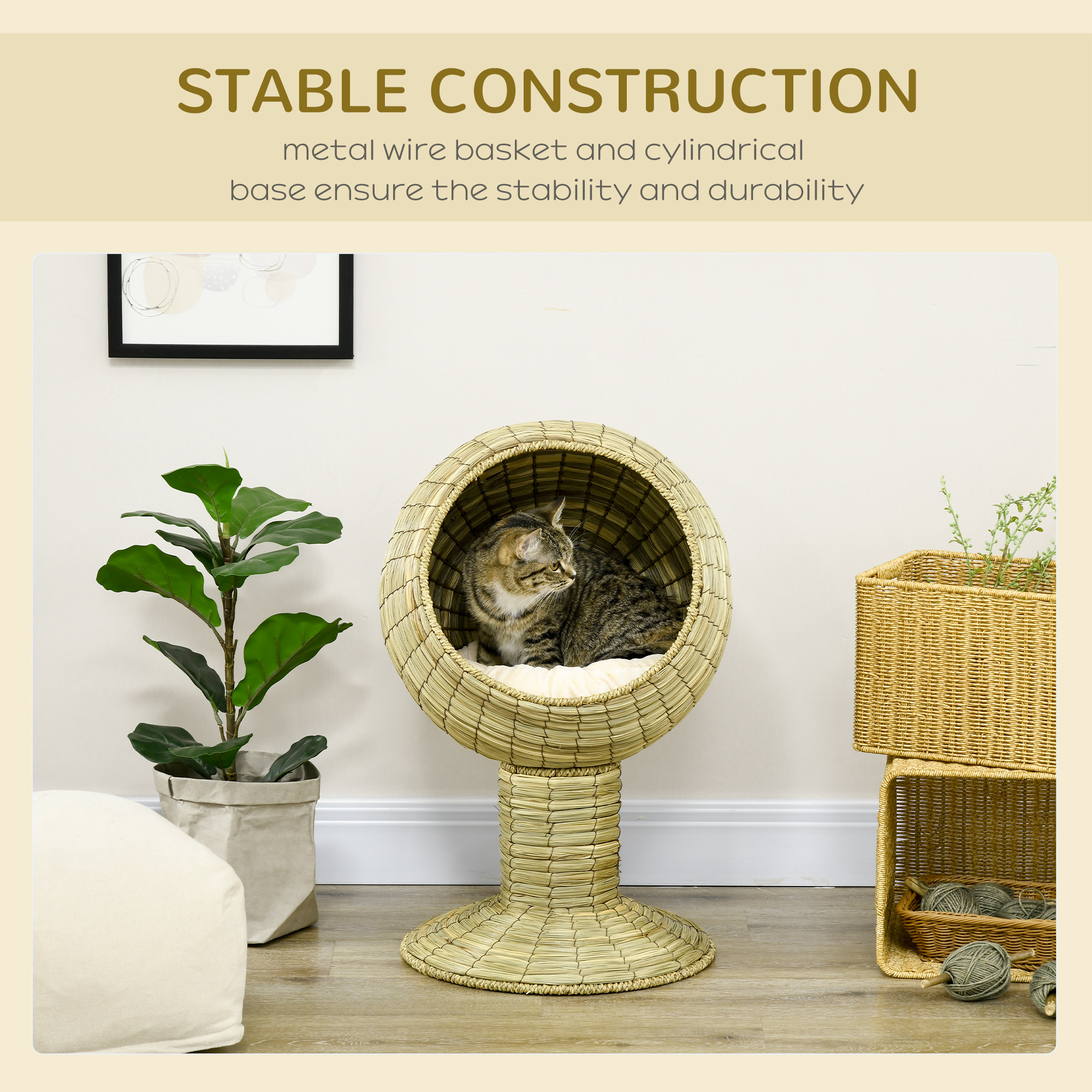 Raised Detachable Cat House,Natural Mat Grass Cat Bed,with Cushion detail photo 7
