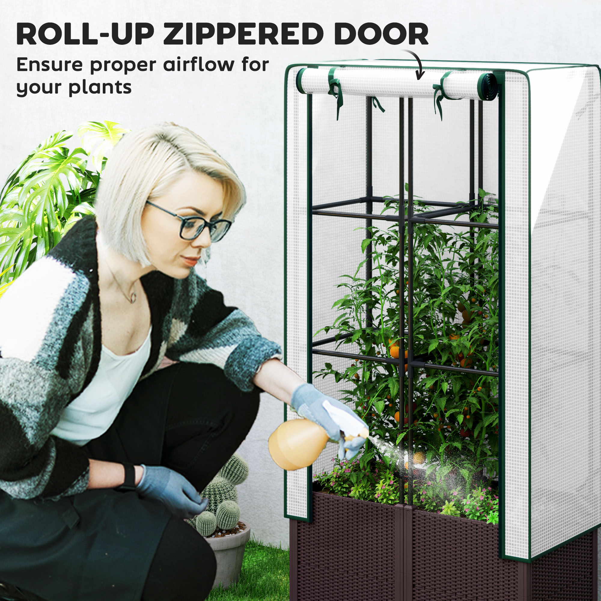 Raised Garden Bed With Trellis,Plastic Planter Box PE Cover,Drainage — image 2