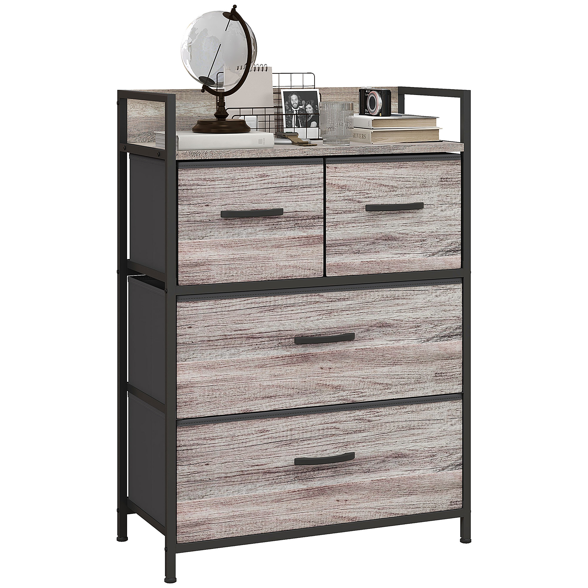 Rustic Chest Of Four Fabric Drawers-Grey Wood Effect