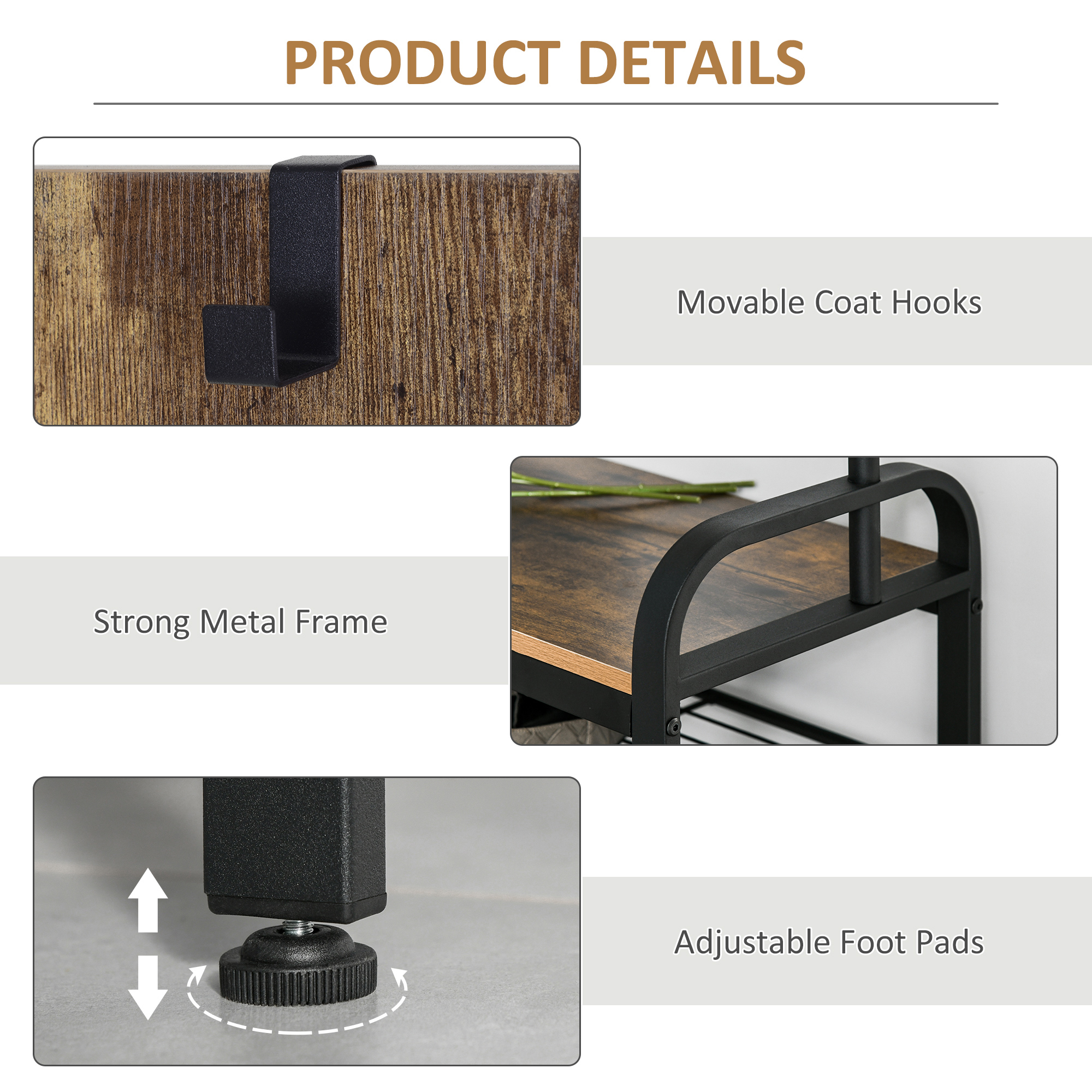 Coat Rack Stand Industrial Hallway Shoe Removable Hooks Metal Wood Hangers — image 4