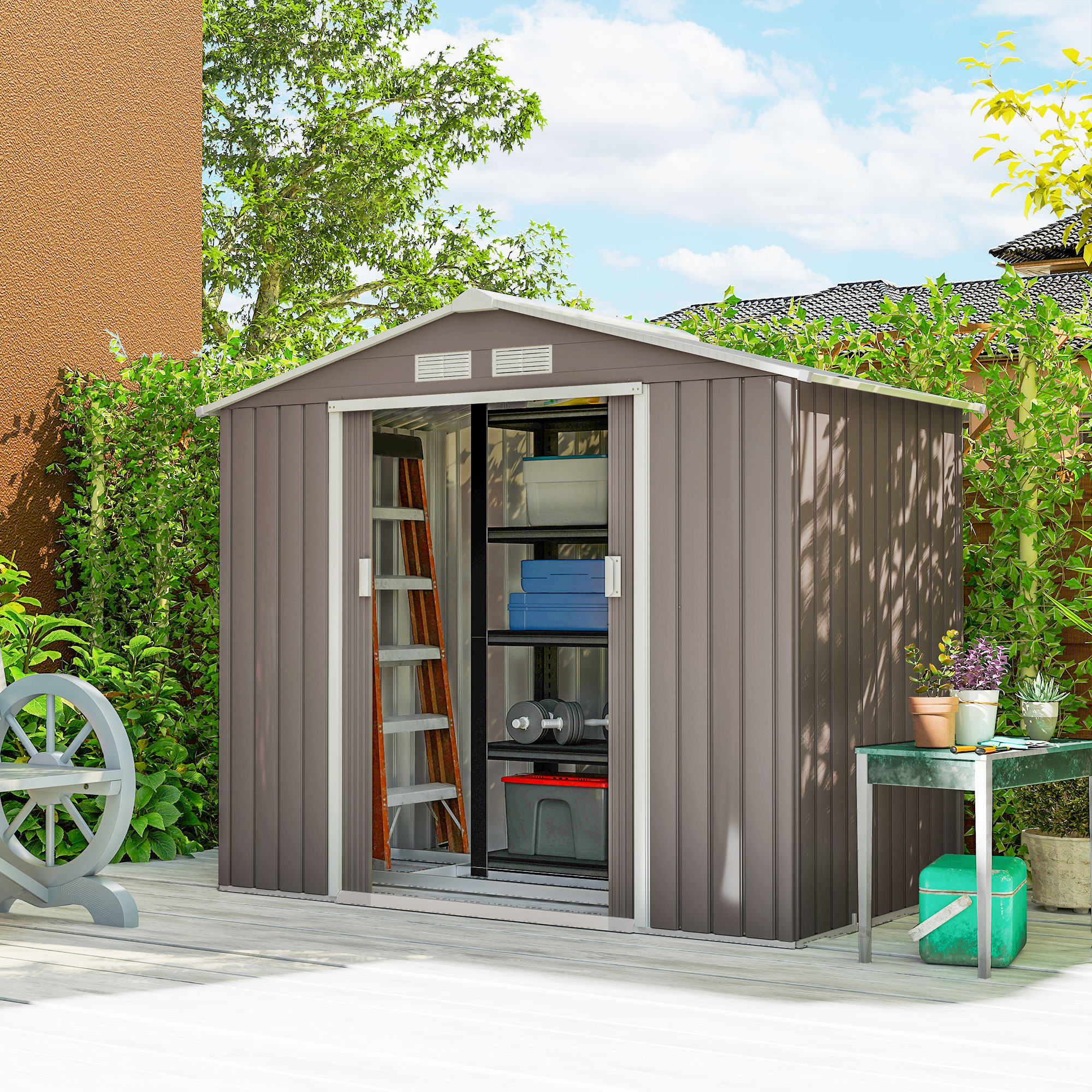 7ft X 4ft Lockable Polypropylene Garden Storage Shed W/ Air Vents Steel Grey