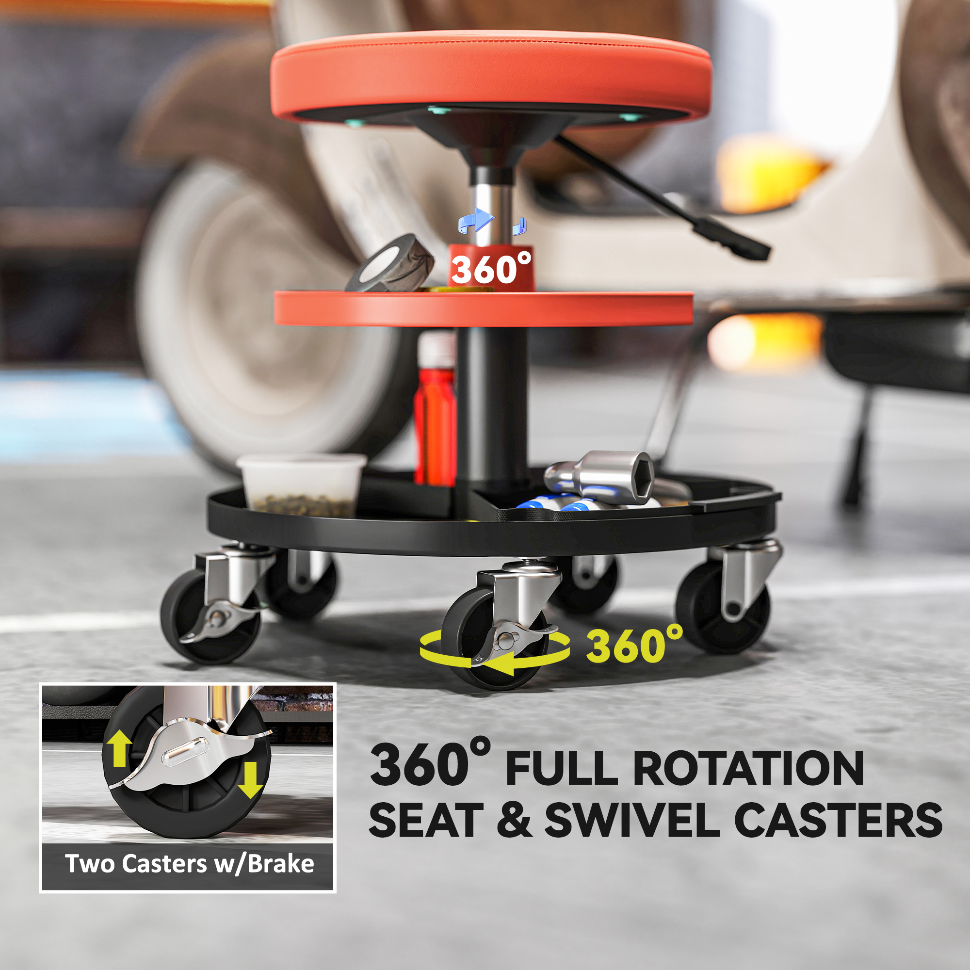 Rolling Mechanic Stool,135kg Capacity Workshop Stool,360Â° Swivel Roller Padded — image 3
