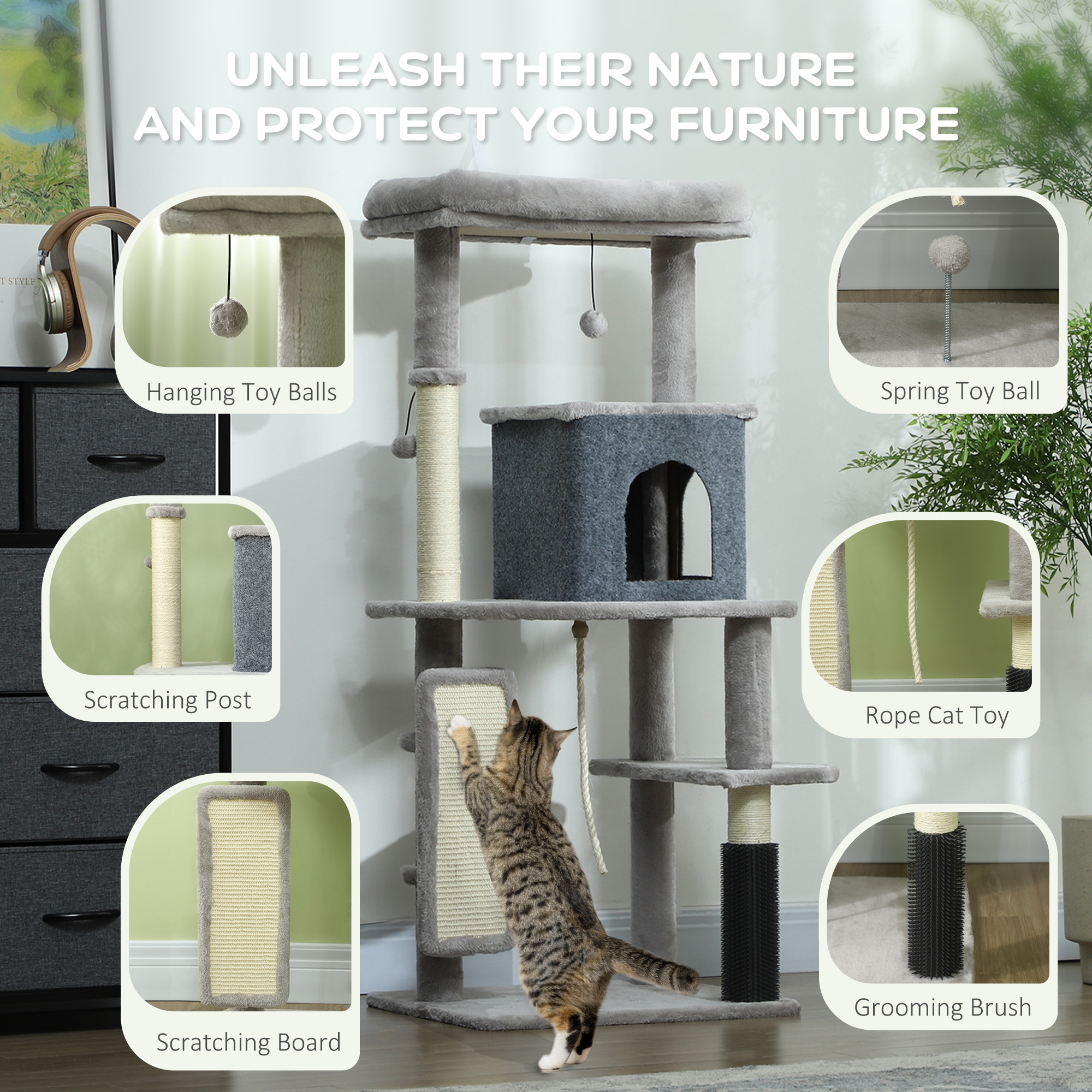 132cm Cat Tree W/ Scratching Posts,Pad,Cat Bed,Cat House,Jumping — image 5