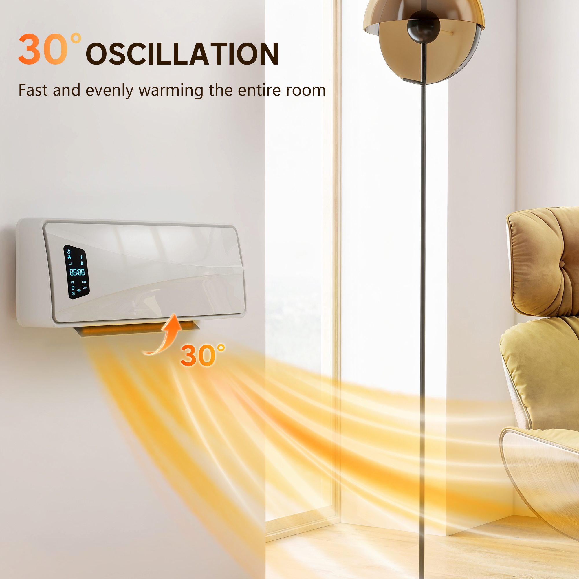 2000W Ceramic Electric Heater With Fan,Adjustable Thermostat,Wall Mounted-White — image 2