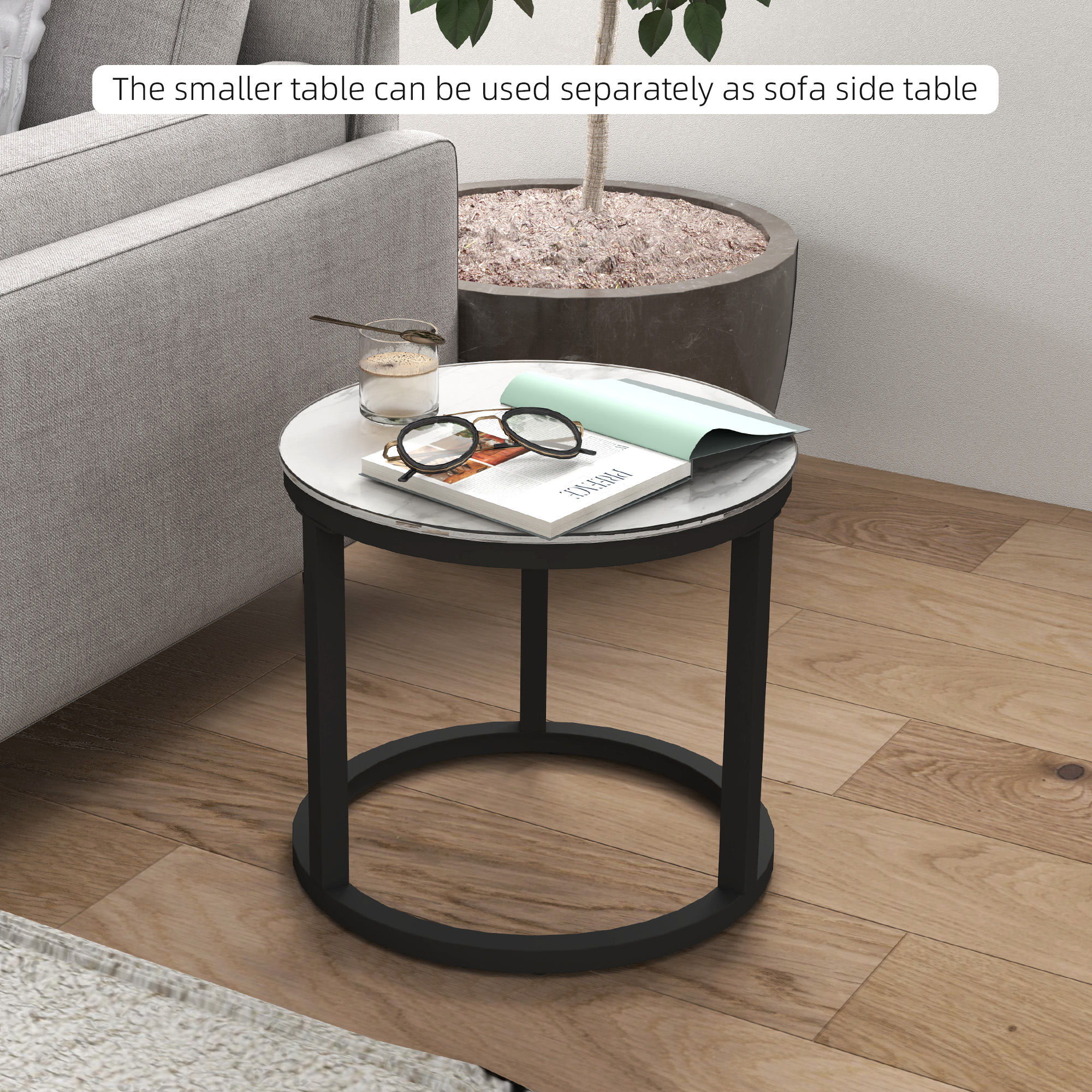 Glass Coffee Table Set Of 2,Round Nest Of Tables With Marble-Effect Tempered — image 4