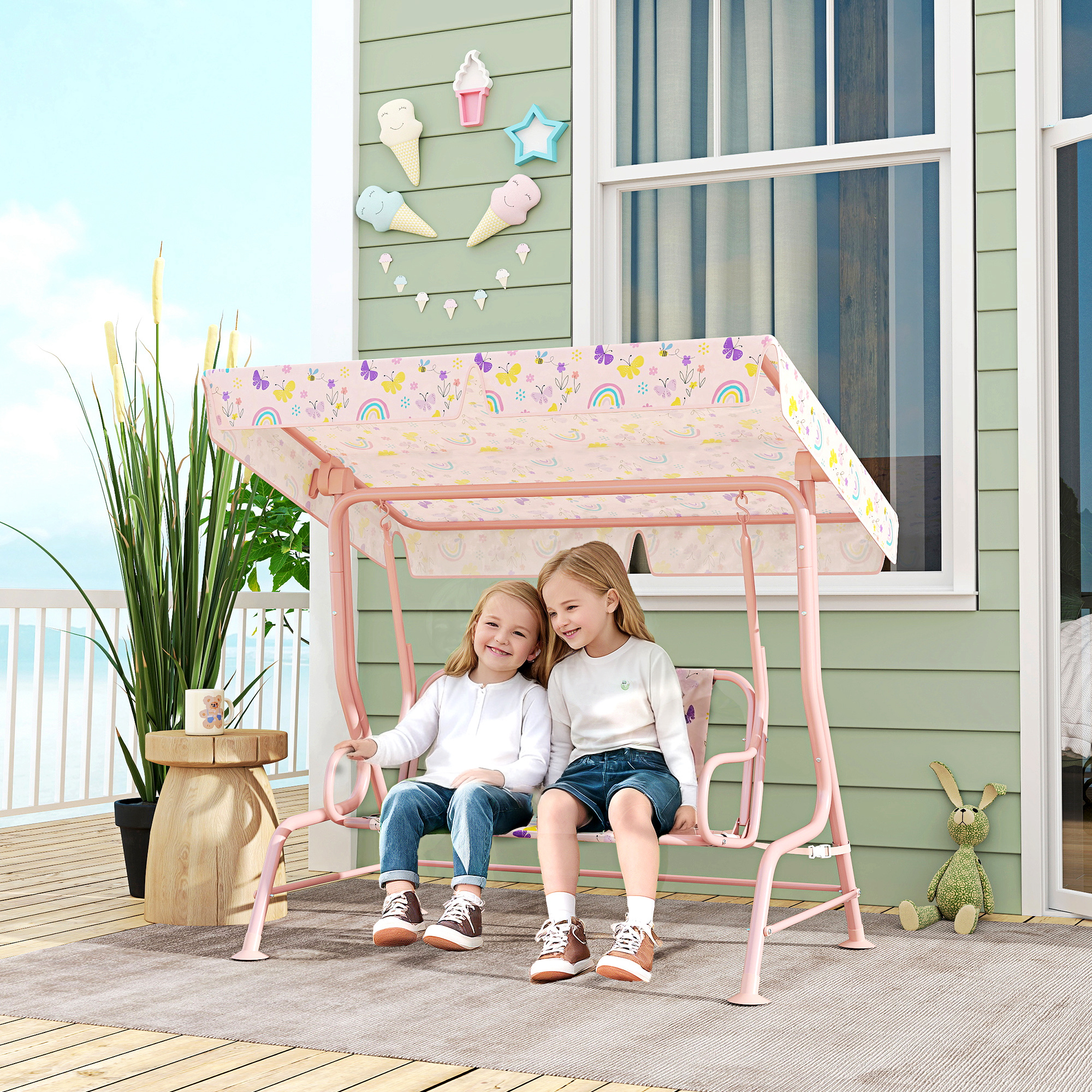 Kids Garden Swing Chair With Adjustable Canopy,Safety Belt,2 Seater Hammock — image 2