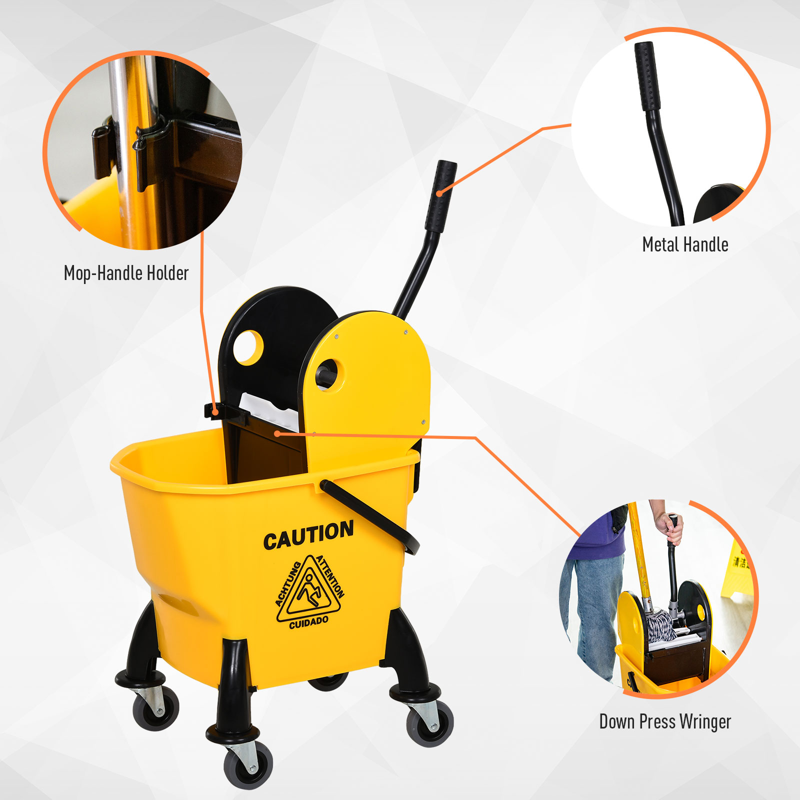 25L Mop Bucket,with Wringer,Wheels And Handle-Yellow