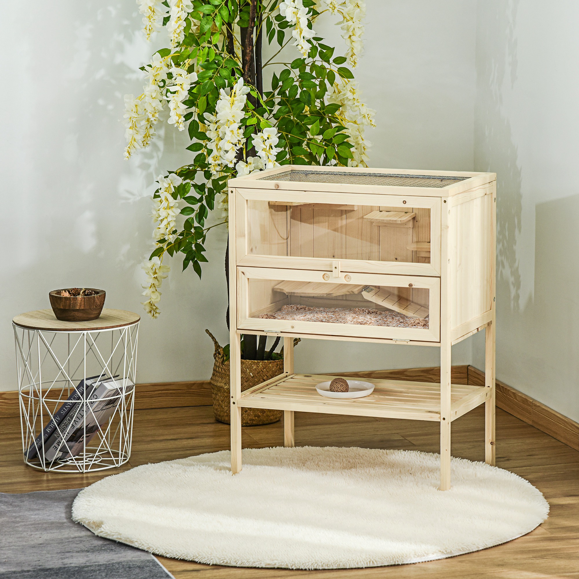 Wooden Hamster Cage With Storage Shelf,Small Animal Exercise Play House With Openable Top,Ramp For Gerbils,Drawf Hamsters,60 X 40 X 80 Cm-Natural detail photo 9