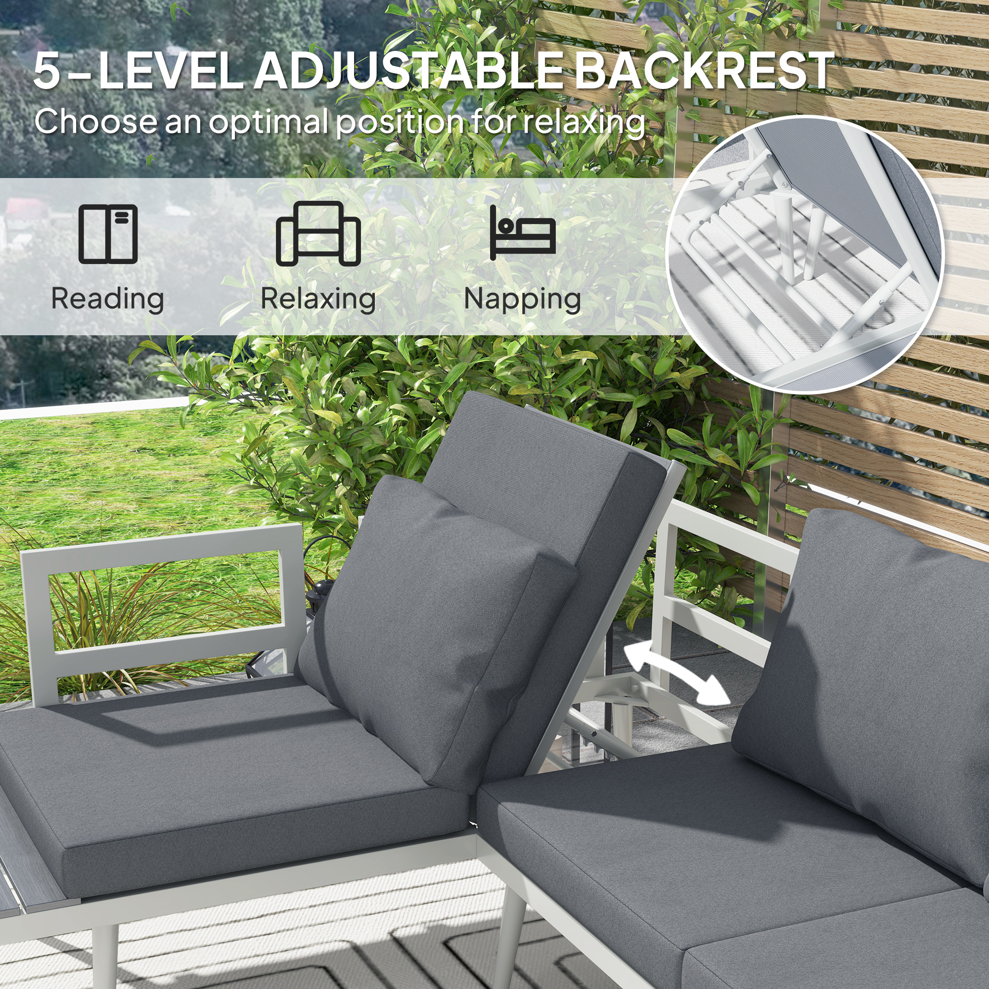 3 Piece Garden Furniture Set With 5-Level Adjustable Lounger,L Shaped Corner
