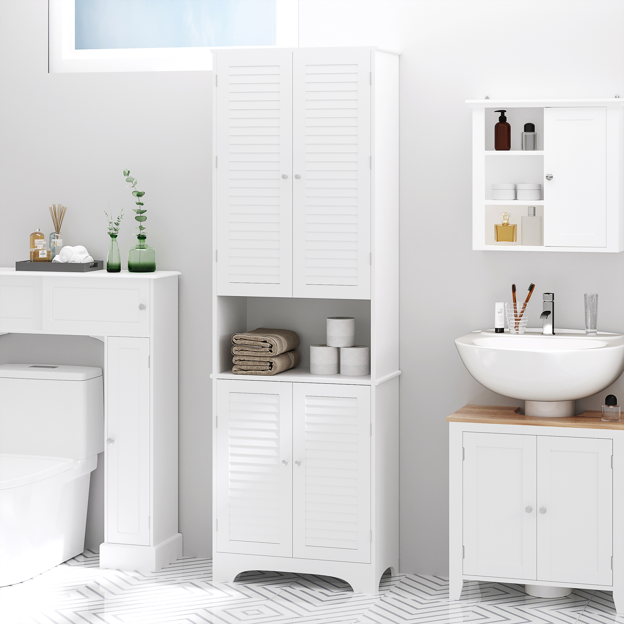 Tall Freestanding Bathroom Cabinet Retro Shutters 3 Compartments Shelves — image 5