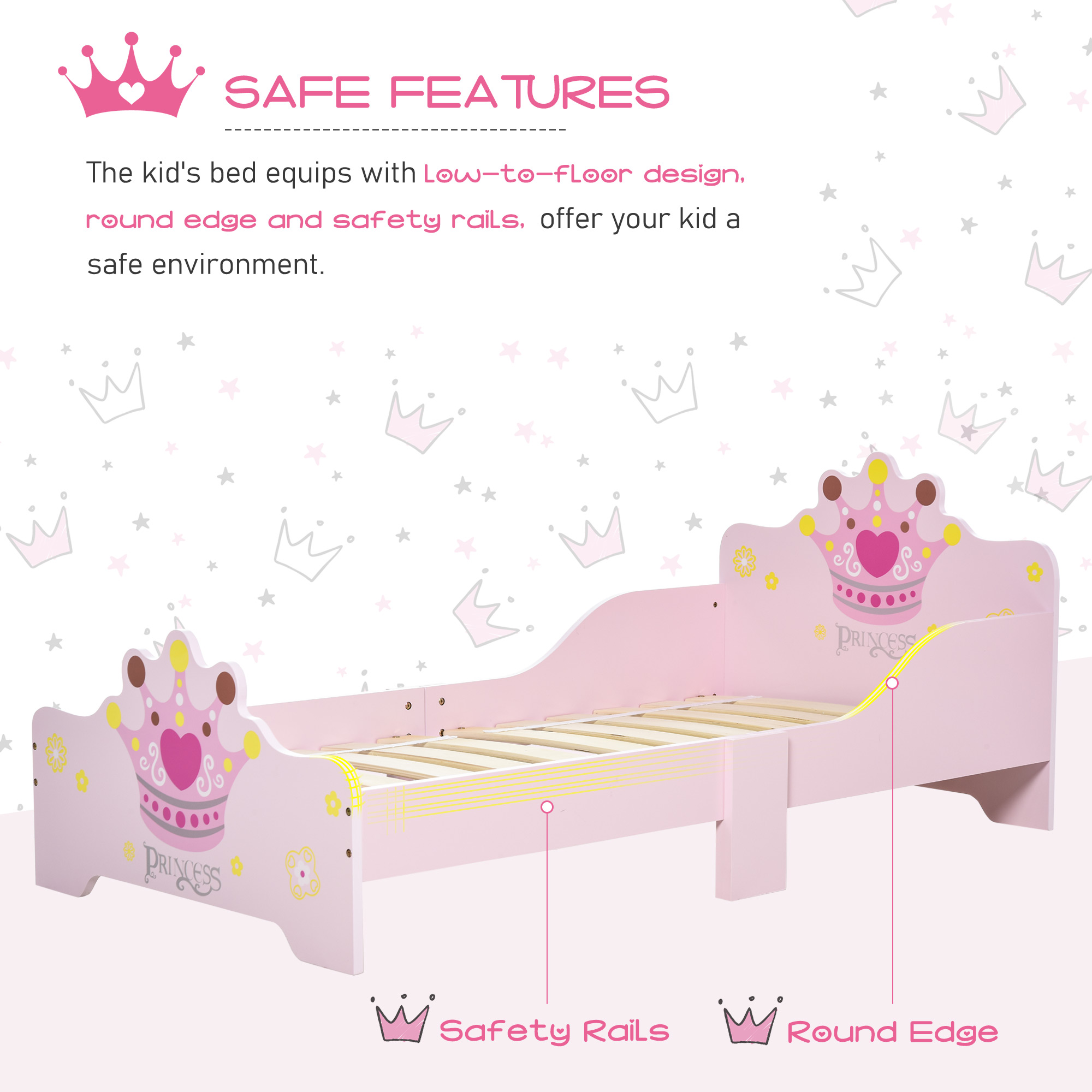 Kids Toddler Bed Princess Crown Theme Safety Side Rails Slats Home Bedroom — image 4
