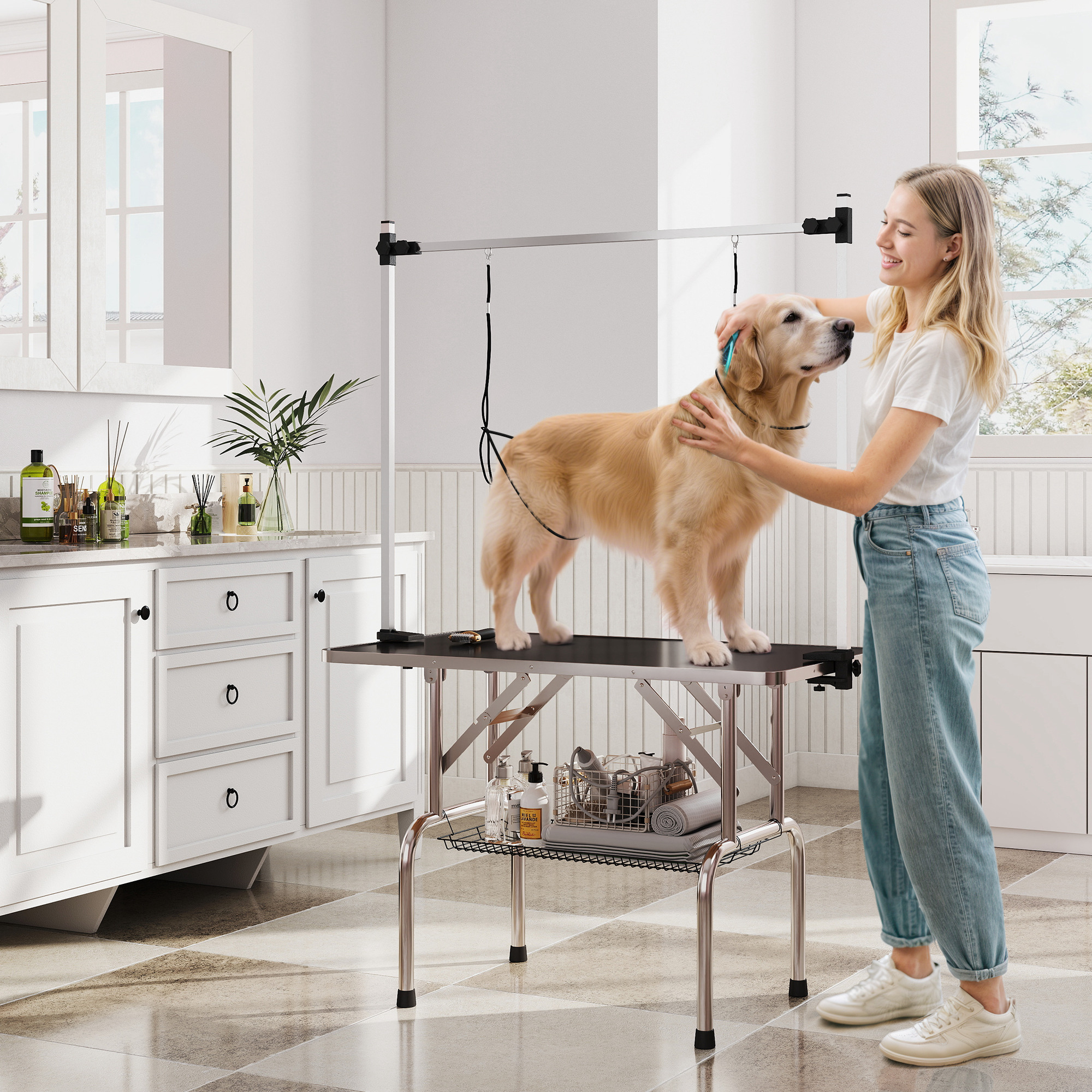 42" Dog Grooming Table,Adjustable Pet Cat Drying Beauty Table With 2 Loops Storage Basket,Rubber Top,Black detail photo 7