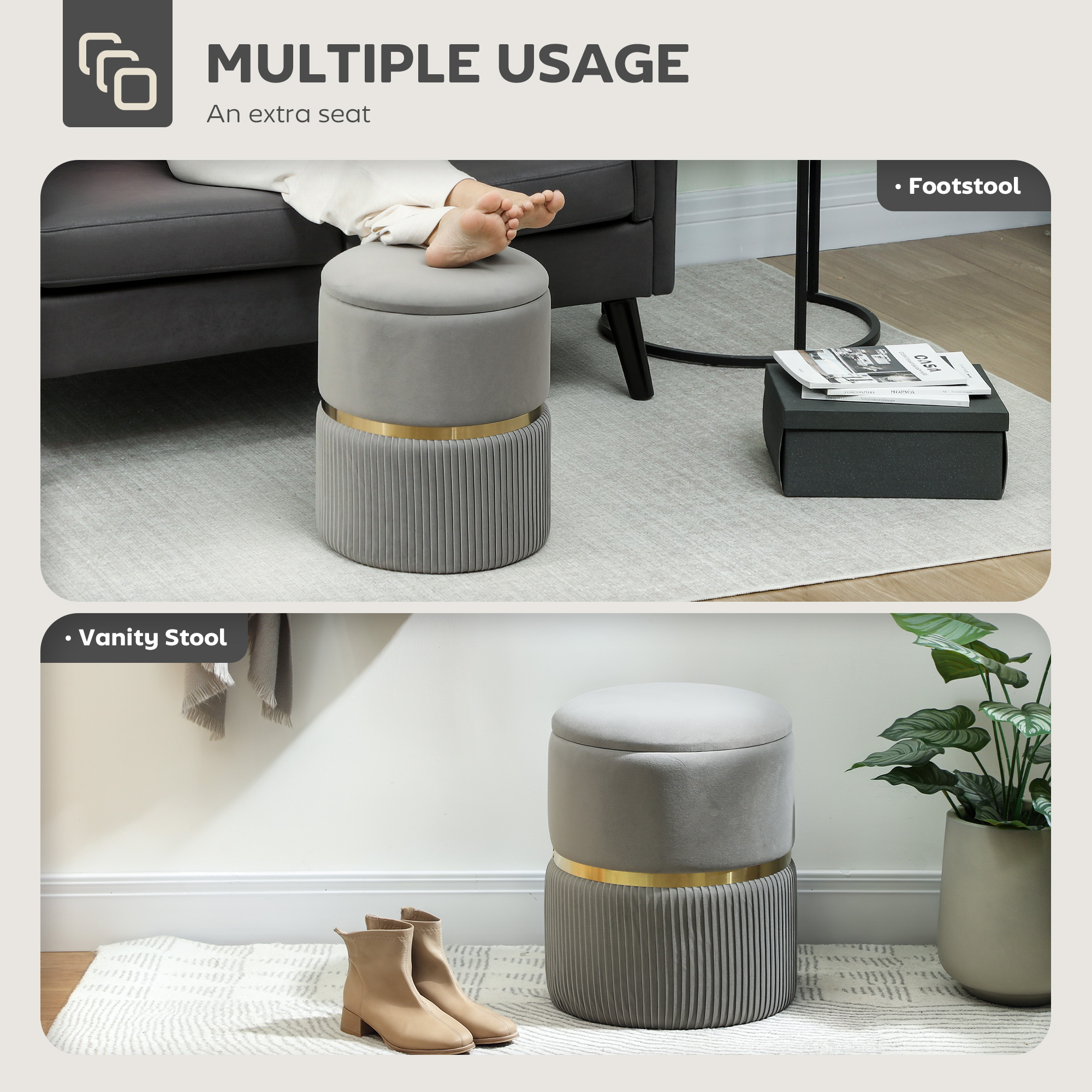 Velvet-Feel Storage Ottoman-Light Grey — image 4