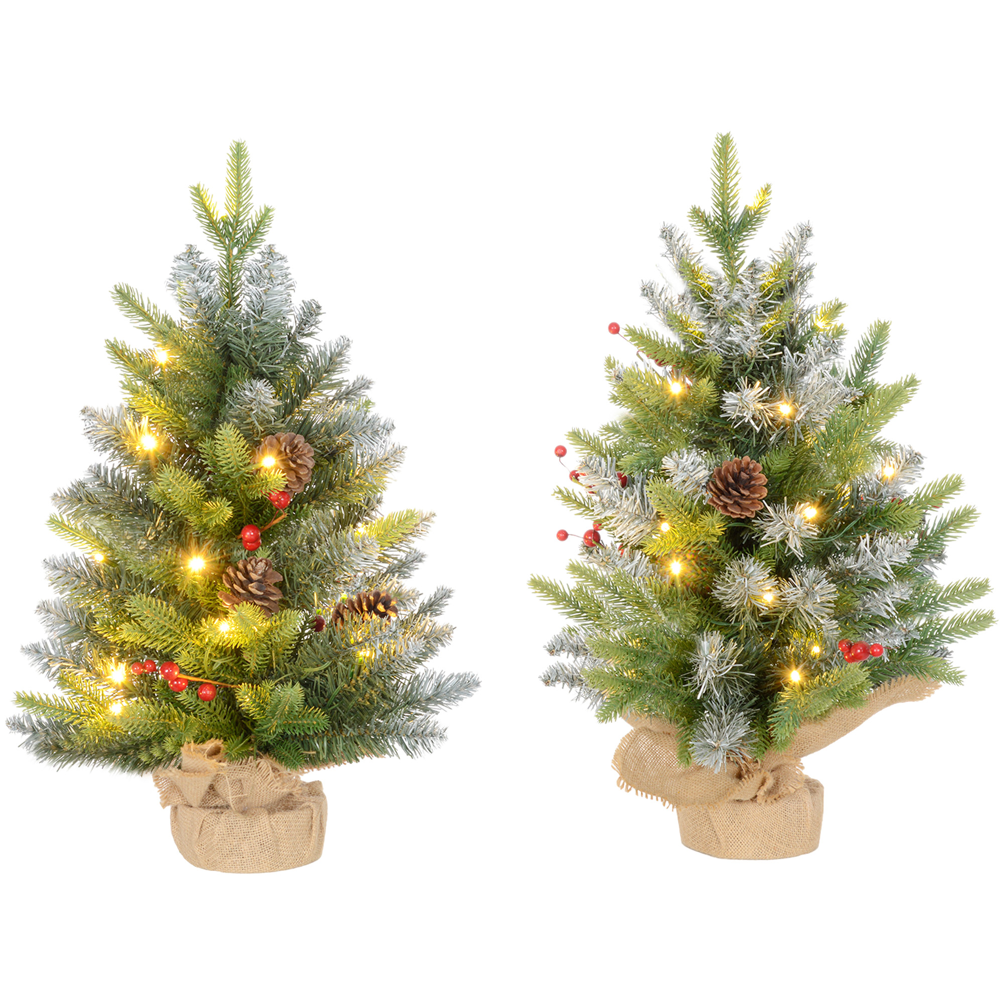 Set Of Two 2ft Christmas Trees,with Lights,Berries