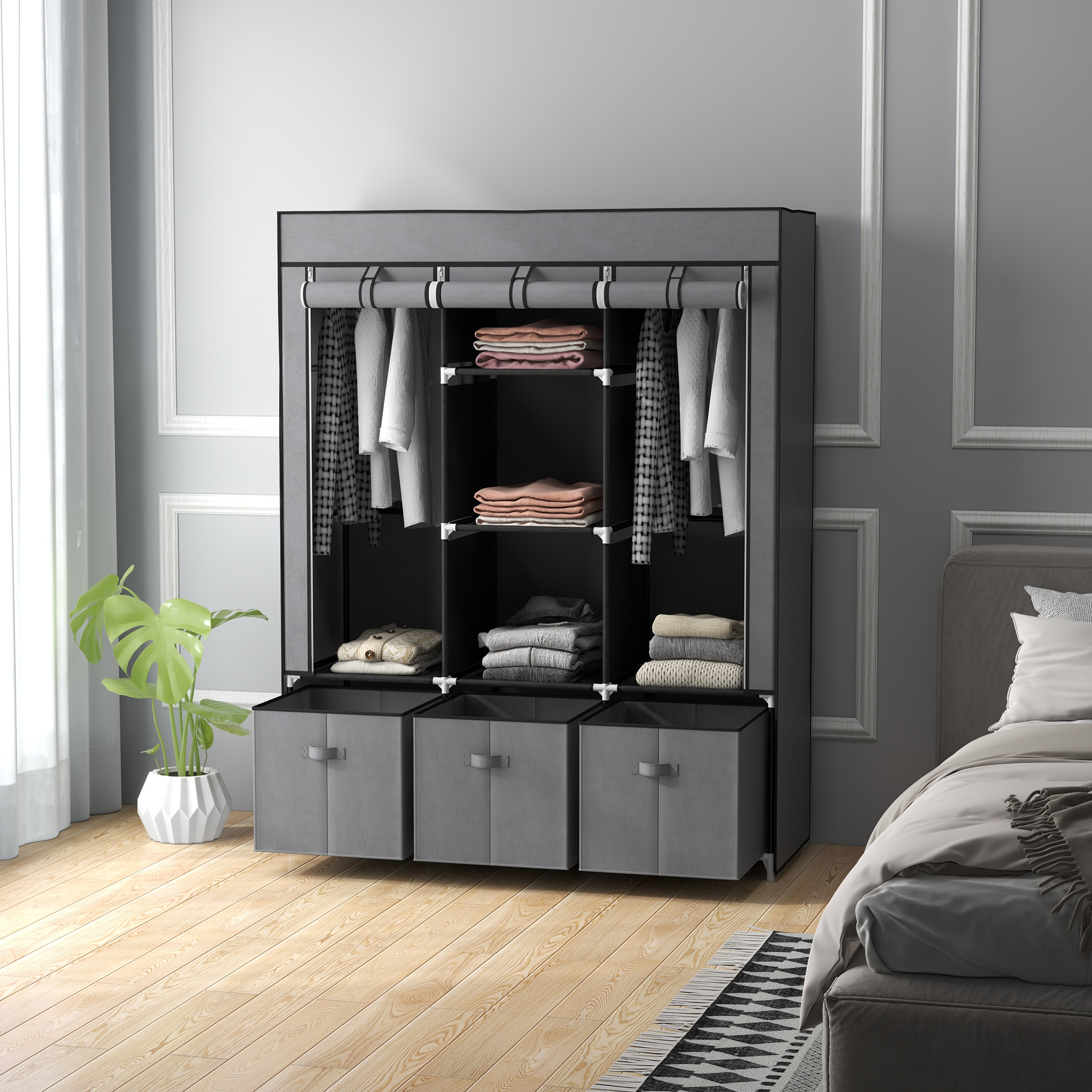 Fabric Wardrobe For Bedroom,Portable With 5 Shelves,2 Hanging Rails And 3 — image 2