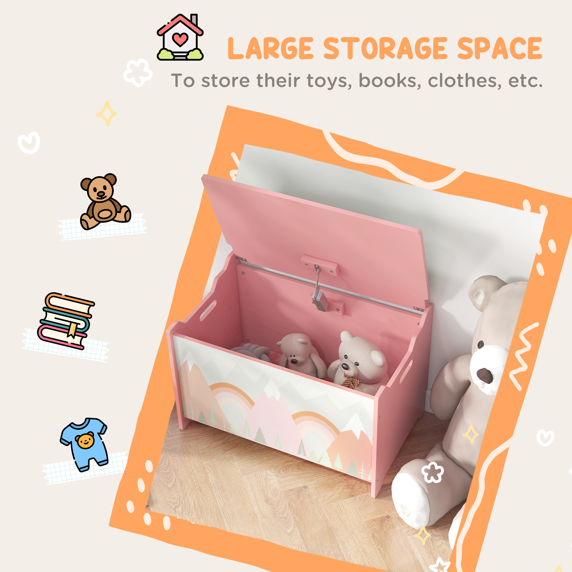Toy Box,Kids Storage Chest,with Lid,Safety Hinge-Pink